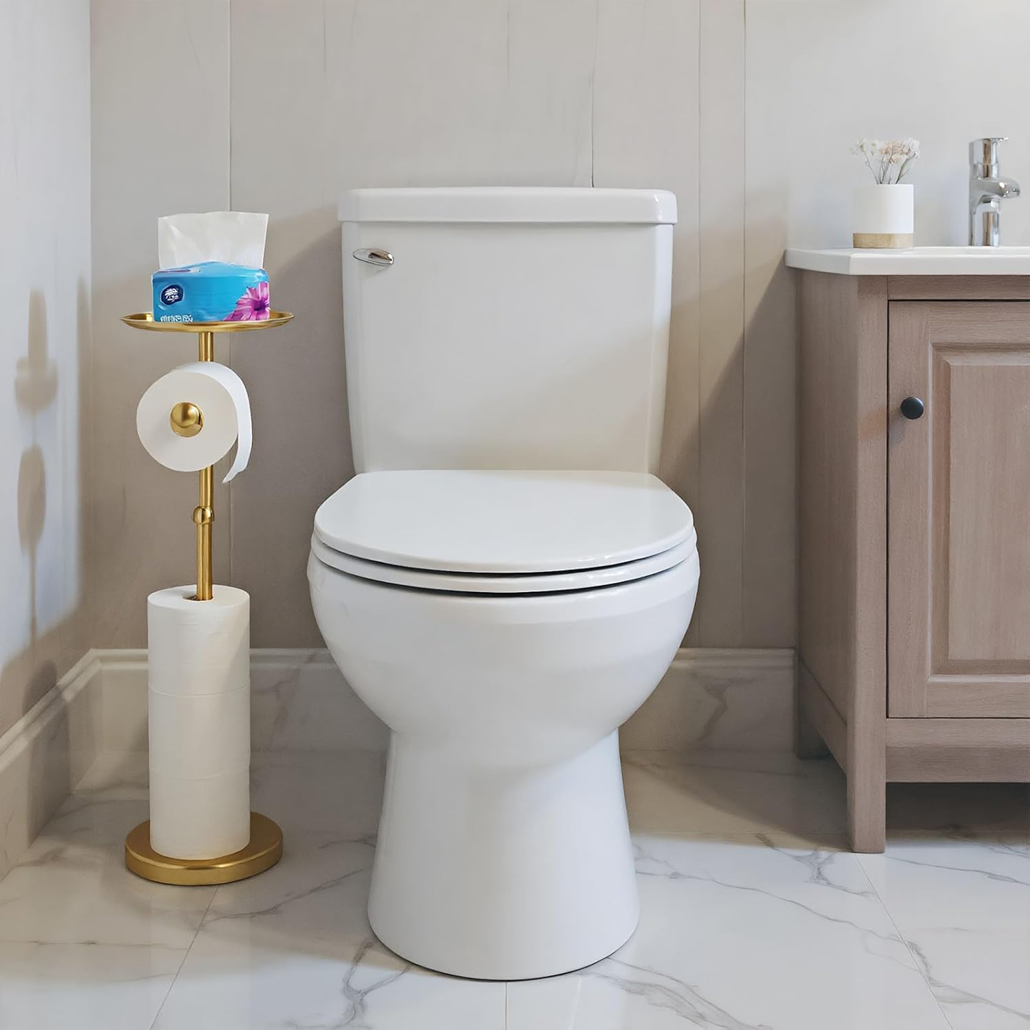 Standing Toilet Paper Holder Gold, TP Holder with 6.7" Phone Shelf, Holds 5 Rolls, Stainless Steel (Gold)