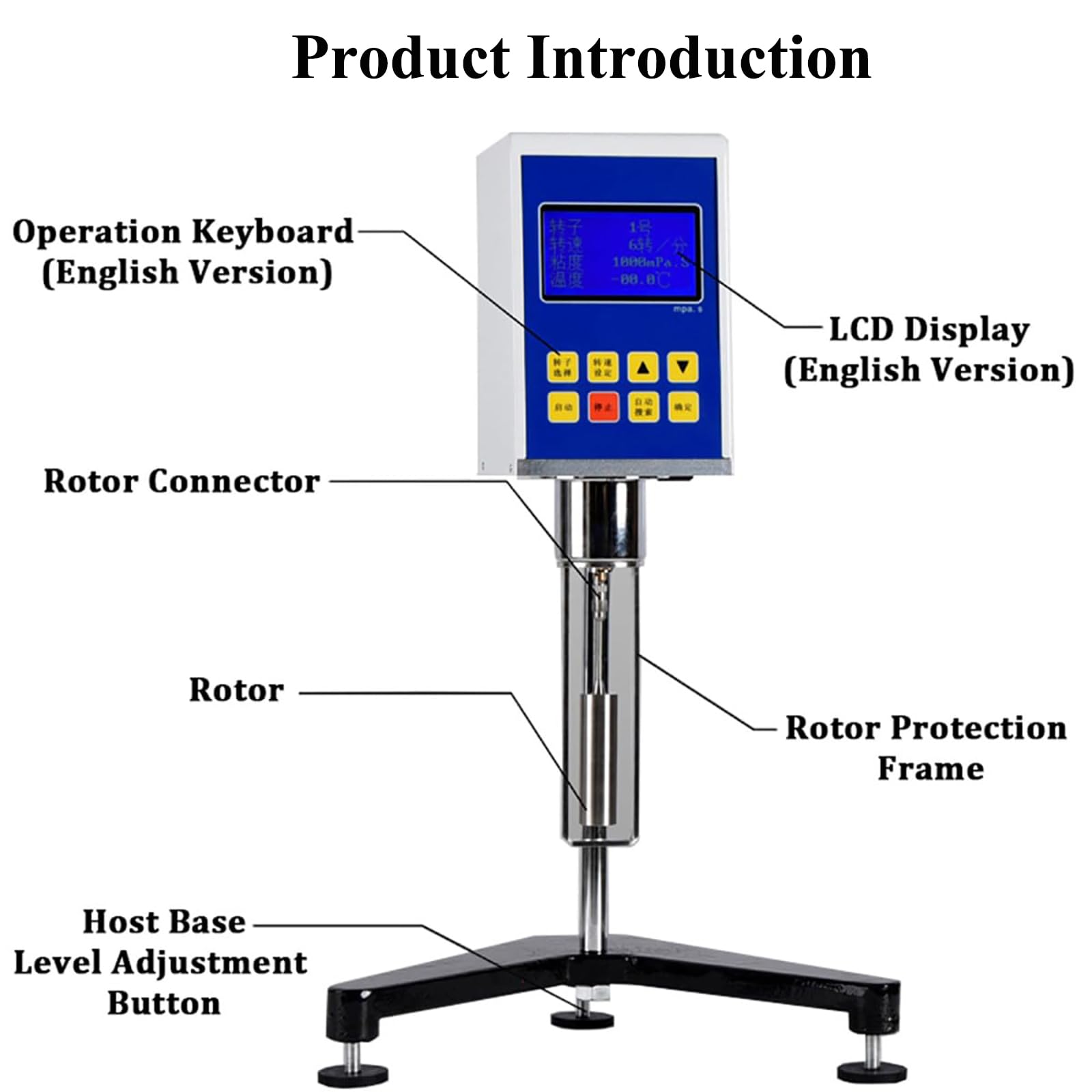 Viscosímetro digital giratorio con pantalla LCD, 4 rotores, rango de medición 1-100000 mPa.s, ± 3% de precisión, 4 velocidades para viscosidad de fluidos y reología
