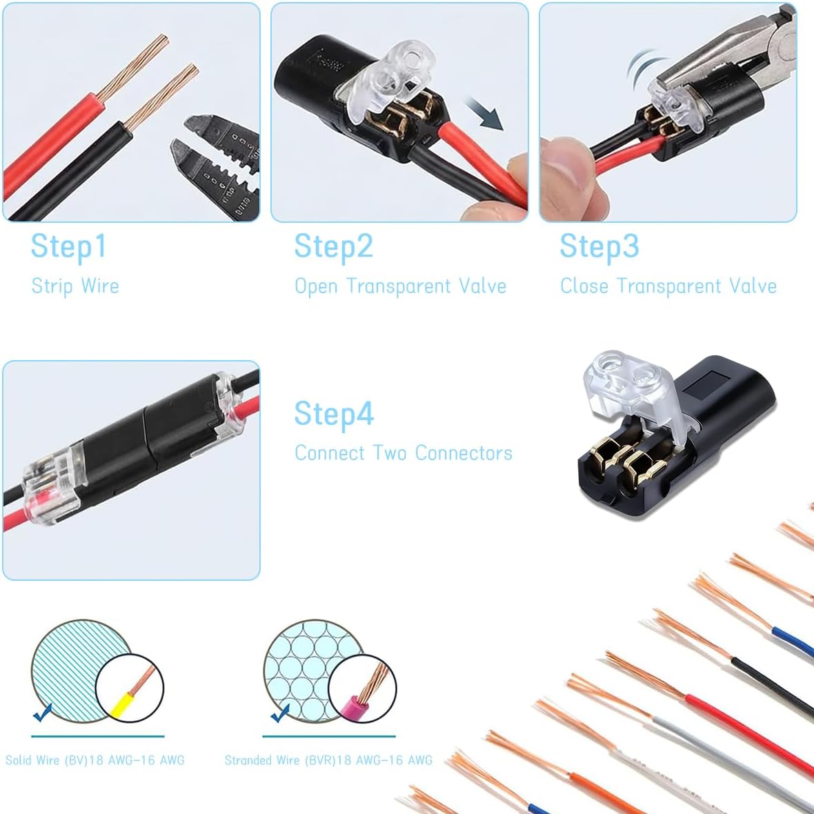 50pcs Double Wire Plug in Connector with Locking Buckle, Quick-Clip Fasteners Multi-Purpose Snap-On Blocks for Strip Lights DIY Crafting, Low-Voltage Decor & Model Kits 2 Pin