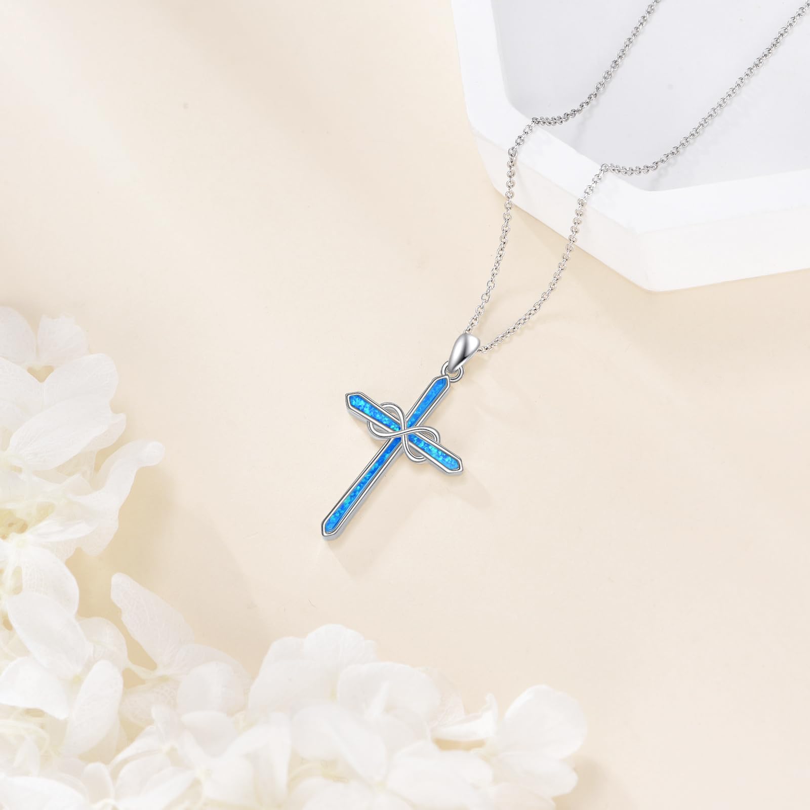 DAYLINLOVE Nieskończony krzyż naszyjnik ze srebra wysokiej próby 925, niebieski opal, wisiorek w kształcie krzyża, prosta biżuteria religijna, nieskończona wiara, amulet ochronny dla kobiet