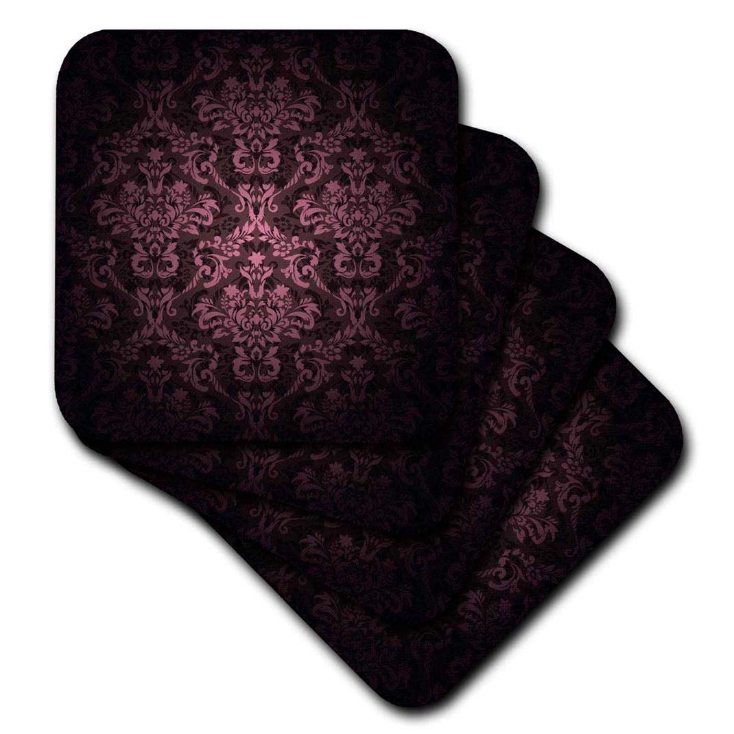 3dRoseCST_153076_1 Deep Eggplant Purple Glowing Damask Pattern Soft Coasters, (Set of 4)