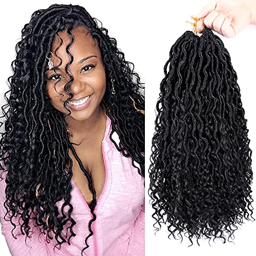 River Faux Locs Crochet Hair 6 Packs 18 Inch New Goddess Locs Wavy Crochet with Curly Hair in Middle and Ends Boho Hippie Locs Synthetic Braiding Hair Extension(18 inch,6Packs,1B)