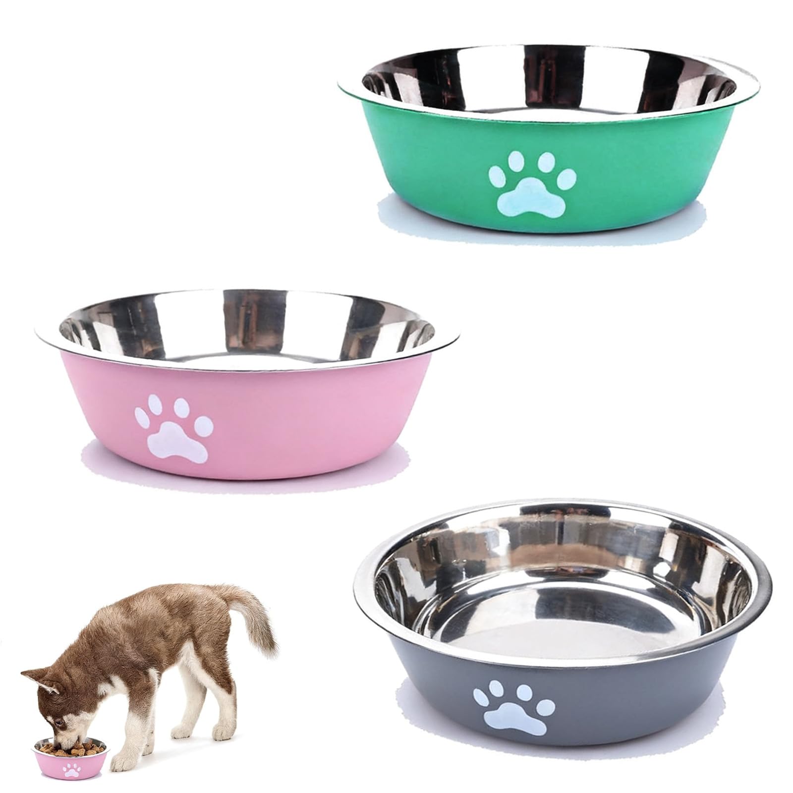 3pcs Dog Bowls for Small Dogs, Dog Food Bowl Puppy Bowls From 8 Weeks Pet Bowl for Dogs, Stainless Steel Puppy Dishes 600ml with Non-Sip Silicone Sole (Pink+ Gray+Blue)