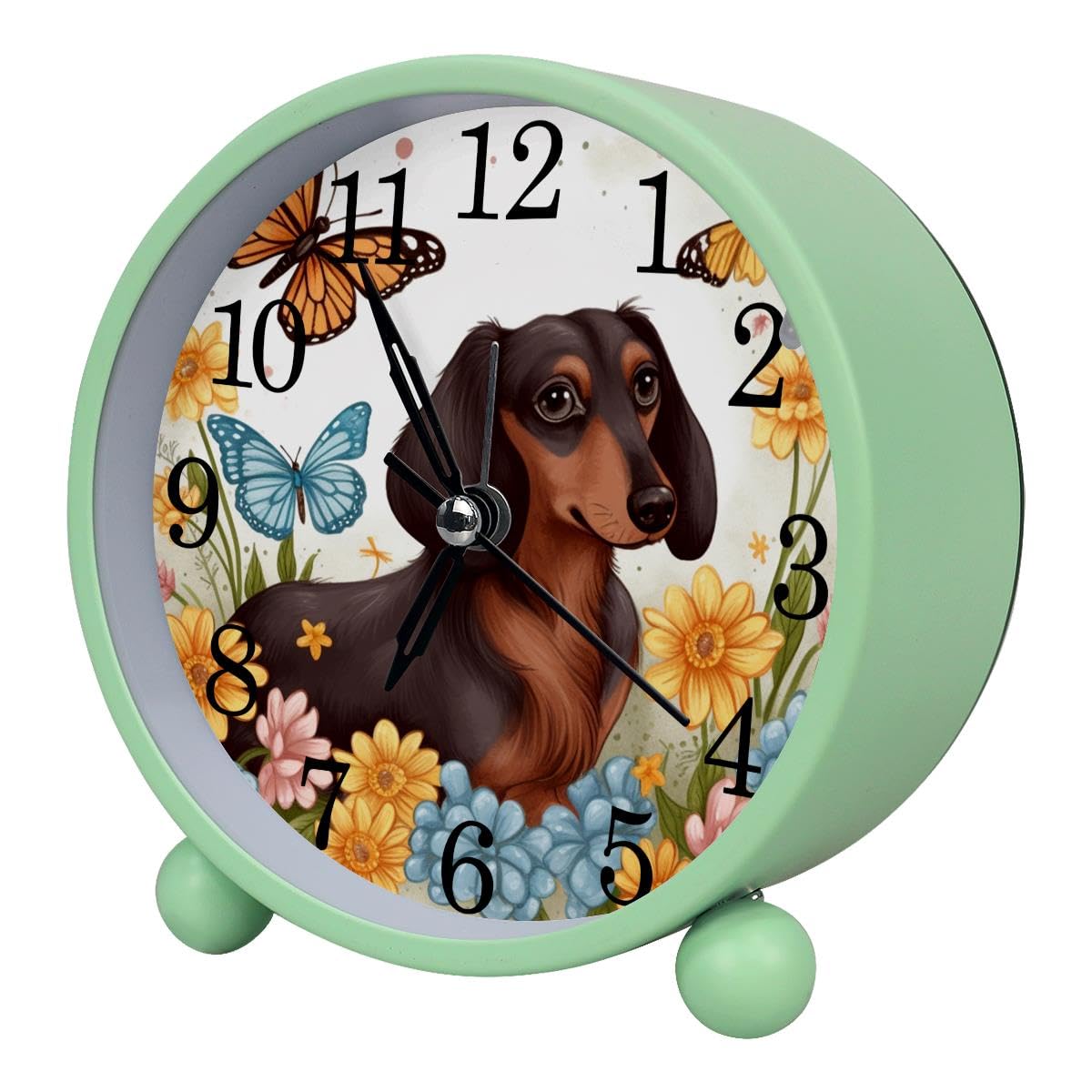 Alarm Clock Dachshund Daisy Butterfly, Silent Non-Ticking with Night Light