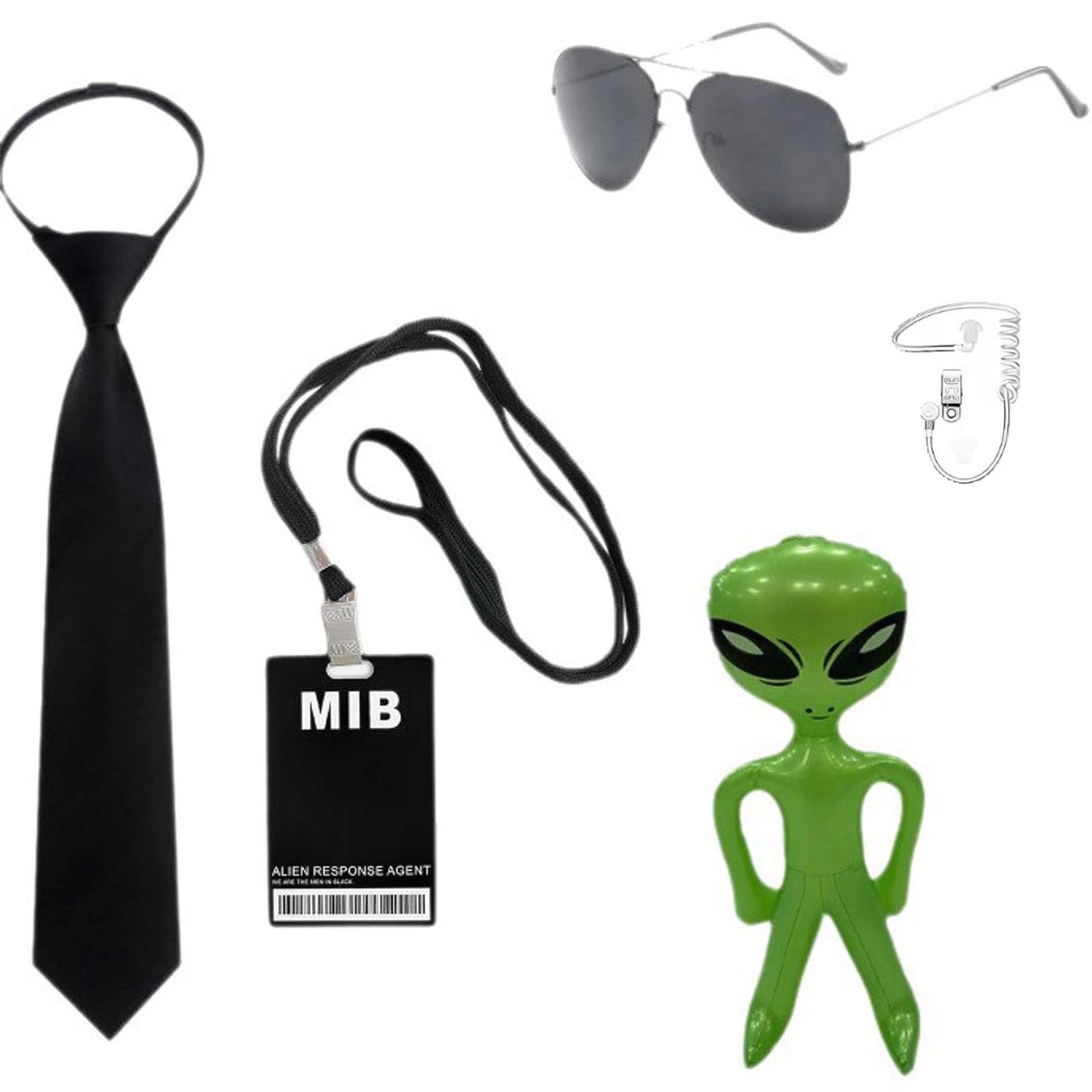 Dinghaole 10Pcs Agent Outfit With Inflatable Green Alien, Black Tie, Sunglasses, Headphones, And ID Card Holder - Image 3