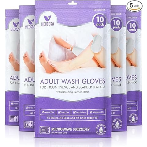Medcosa Adult Washcloths - Unique Disposable Body Wipes Shaped Like a Glove - Unscented, Premoistened Wet Wipes - 5 Pack (50 Wash Cloths) Cover