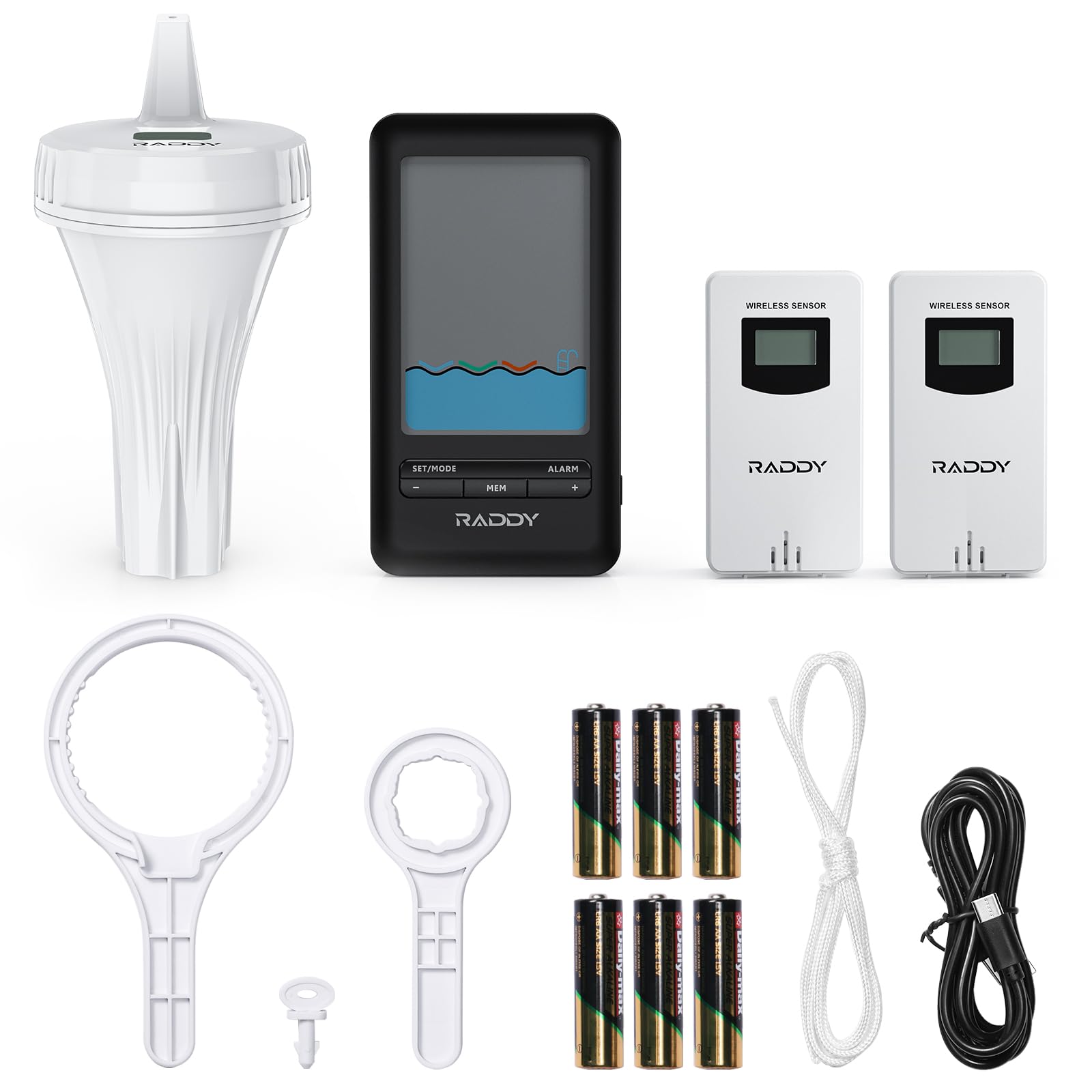 Raddy PT-3 Wi-Fi Termometro per piscina galleggiante, monitoraggio remoto tramite APP, Ampio display digitale di facile lettura, con 2 sensori aggiuntivi, per piscine interne ed esterne