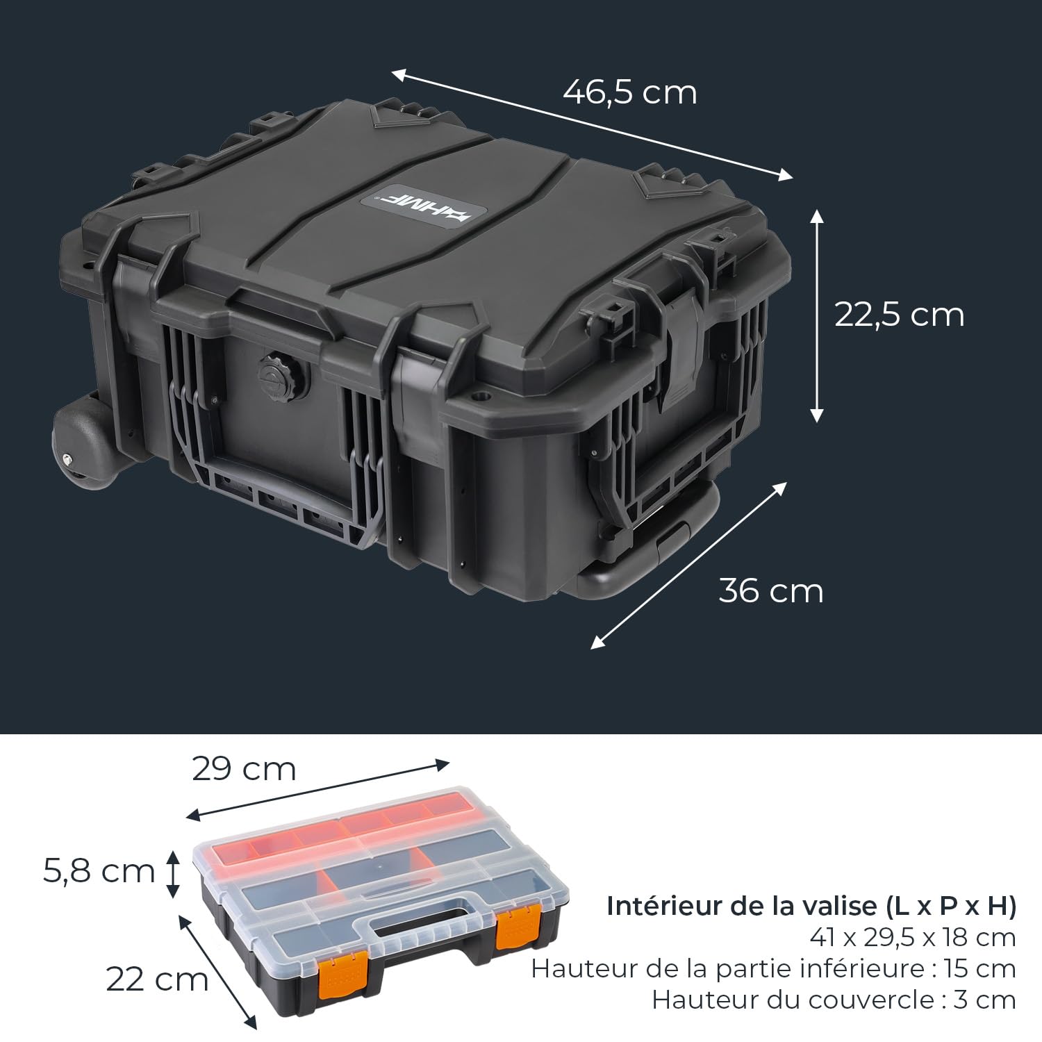 HMF 15604-02 Chariot à outils d'extérieur, coffre à outils vide avec roulettes | 46,5 x 36 x 22,5 cm