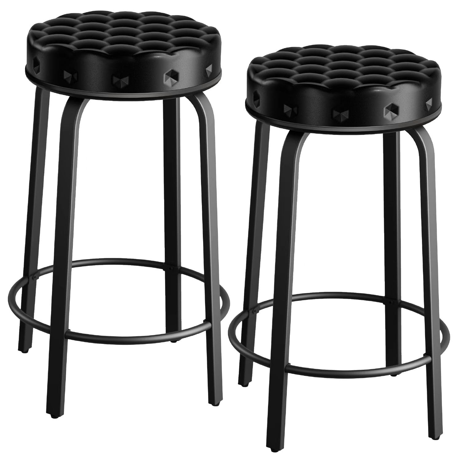 Sofeya Bar Stool Set of 2, 24 Inch Bar Stools PU Leather Counter Height Bar Stool Set, Stackable Backless Round Upholstered Stool Chairs for Kitchen
