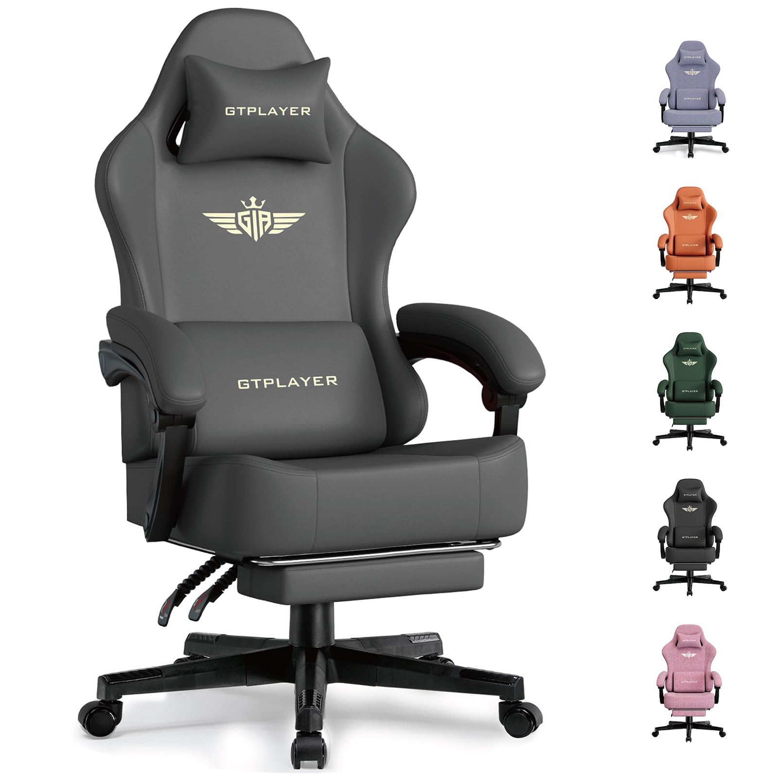 GTPLAYER Gaming Chair, Ergonomic Computer Chair with Footrest and Lumbar Support Height Adjustable Home Office with 360°-Swivel Seat and Headrest Grey