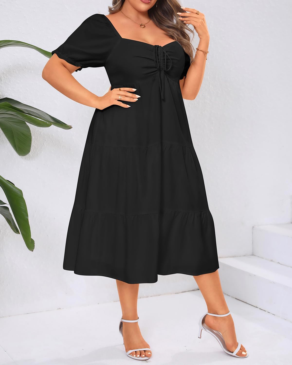 Plus Size Summer Dresses - Sweetheart Neck Drawstring Puff Sleeve Casual Wedding Guest Tiered Aline Flowy Midi Dress - Image 6