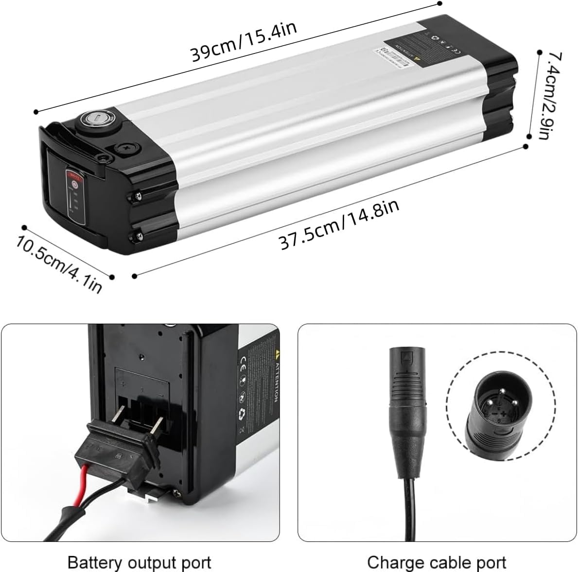 Batteria al Litio Impermeabile Argento per Bici Elettrica 36V / 20Ah 15Ah 10Ah, Batteria Ebike Removibile con Caricabatterie (2Pin,36V 15Ah)