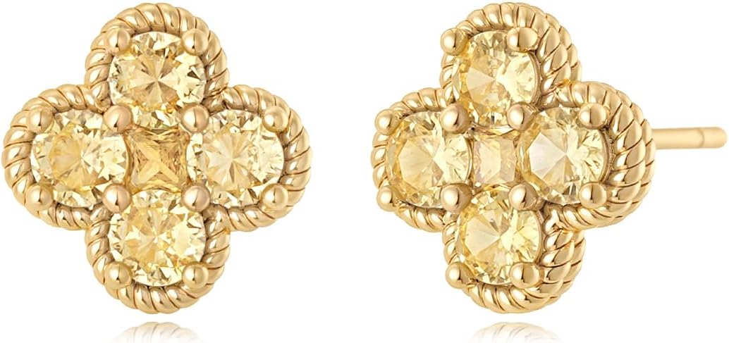 MYEARS Stud Earrings for Women Gold Flower Four-leaf-clover 12 Month Birthstone 14K Small Simple Hypoallergenic Birthday Gift Jewelry