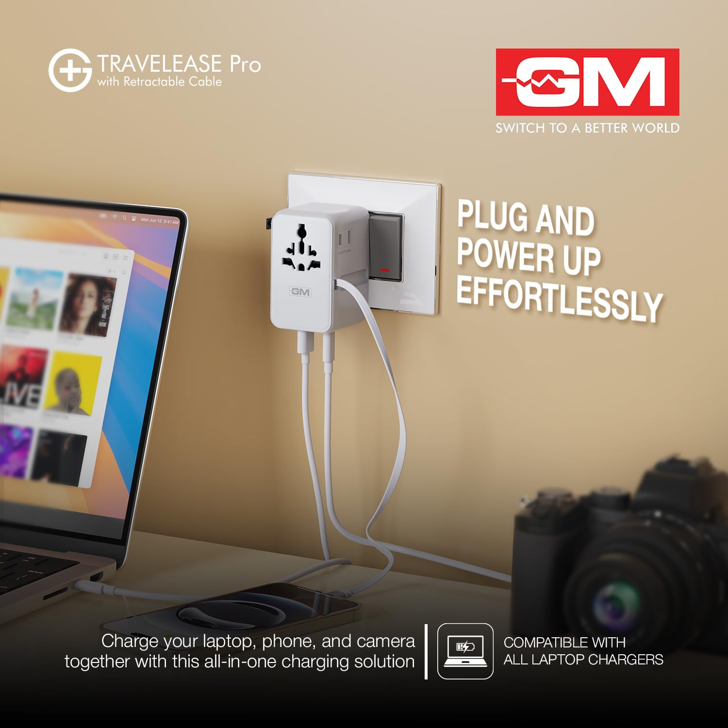 GM G+ 70W TravelEase Pro GaN International Travel Adapter, US, UK, EU, AU & 150+ Countries, 75cm Retractable Cable, 2 USB-A&USB-C Ports, Fast Charging Smartphones, Laptop, MacBook Air-M4, Tablet, DSLR