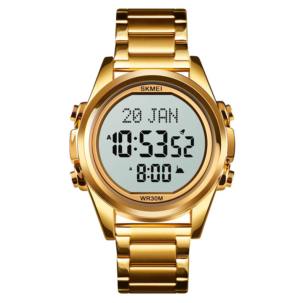 SKMEI Stainless Steel Men Watches Qibla Time Reminder Led Watch Steel Band Digital Wristwatch, White Dial, Gold Band (B0CM8LHTP9) Amazon Price History, Amazon Price Tracker