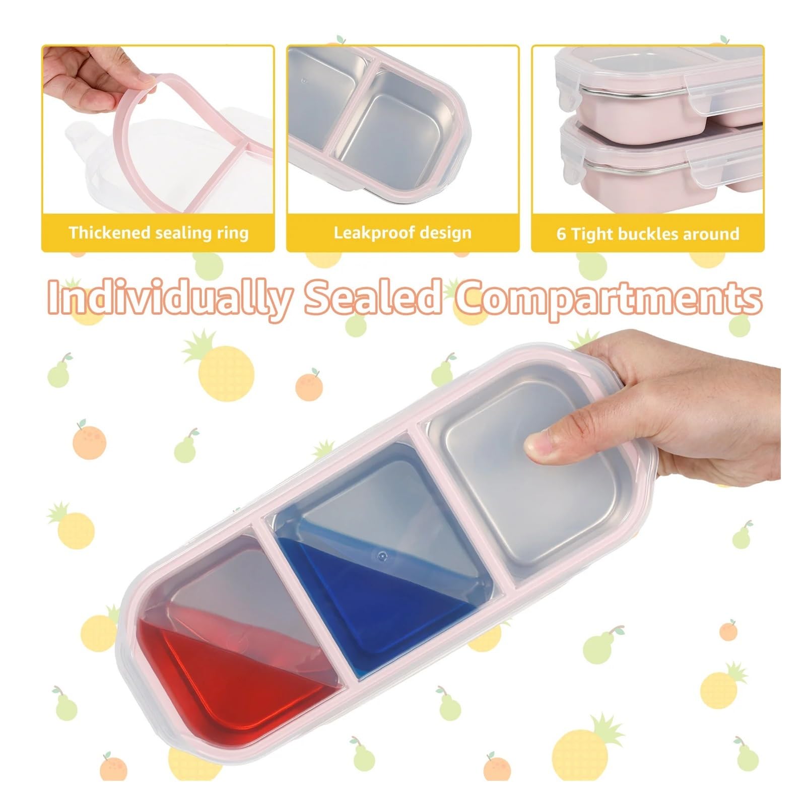 Fiambrera de acero inoxidable con tapa, contenedor aperitivos, almacenamiento alimentos apilable, a prueba fugas for el trabajo, 2 uds para Aperitivos(Pink,3 Grids)