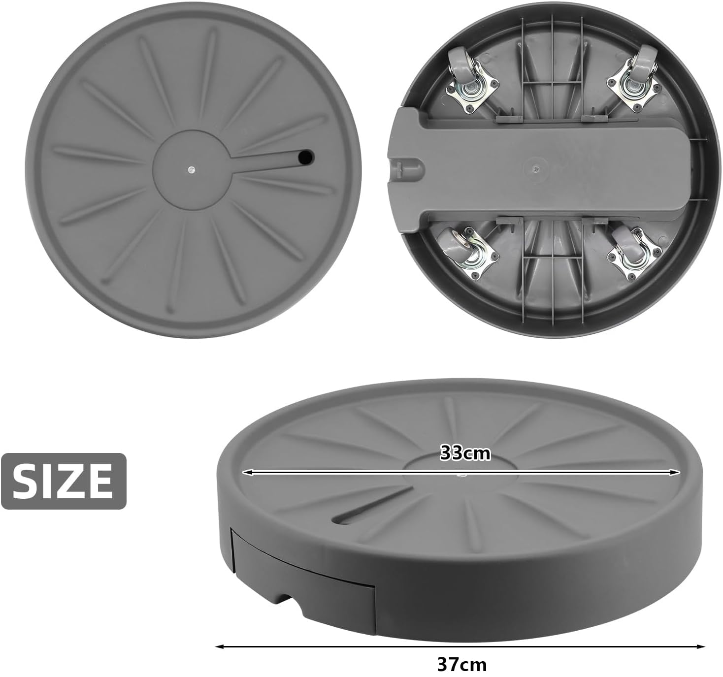 Lot de 2 bacs à fleurs ronds de 33 cm avec roulettes mobiles invisibles, chariot de fleurs avec réservoir d'eau, pour la maison, le jardin, le bureau (gris, Polypropylène, 33 cm, 37 cm, 6 cm)