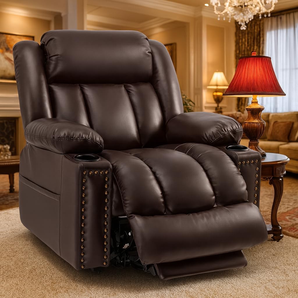 Triple Motor Large Power Lift Recliner Chair for Elderly with Heat and Massage, Lay Flat Lift Chairs for Seniors Infinite Position, Extended Footrest (Dark Brown)