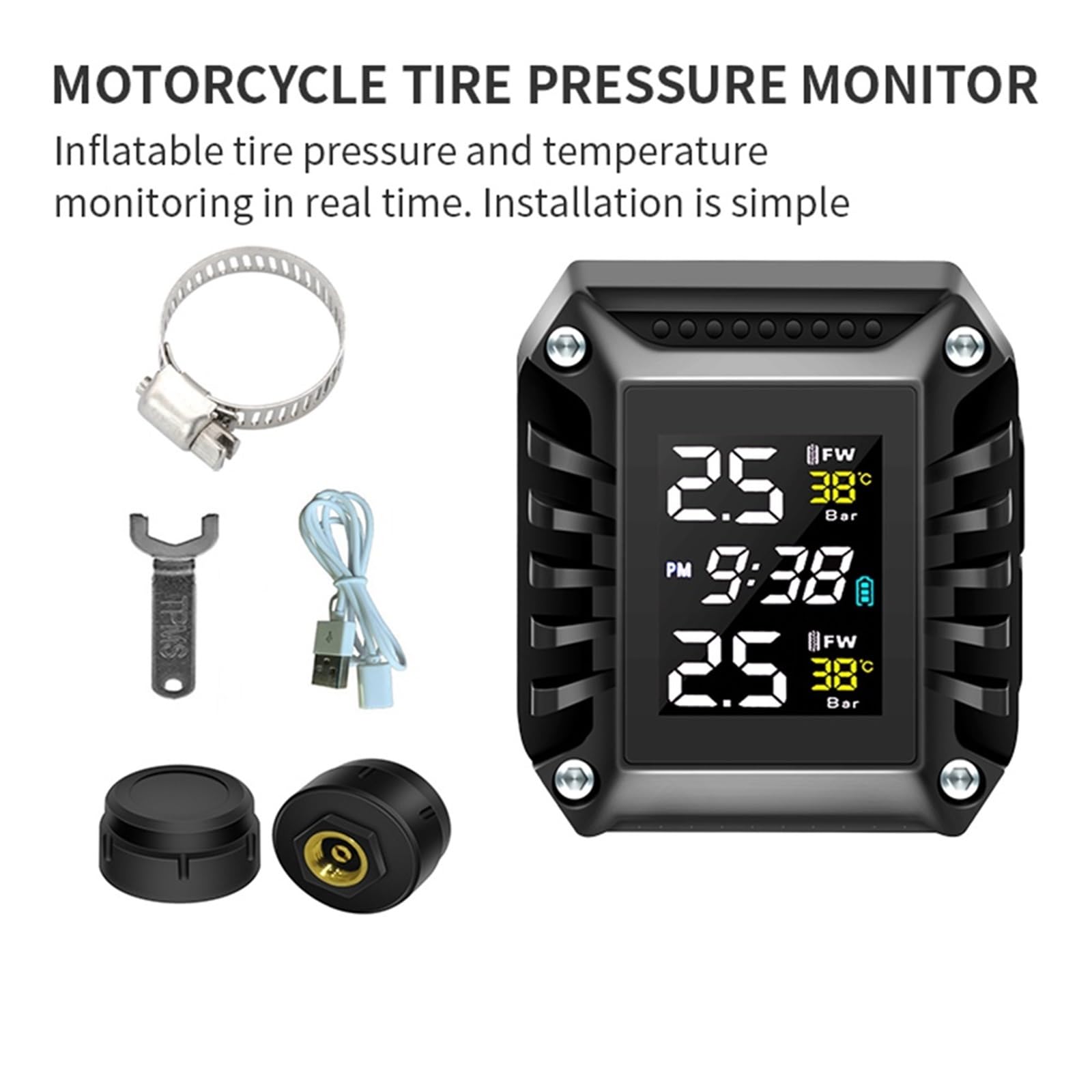 Allarme per Auto di Sensori Pressione Pneumatici TPMS per Moto Tempo Reale della Pressione della | Sistema di monitoraggio Display LCD wireless con impermeabile