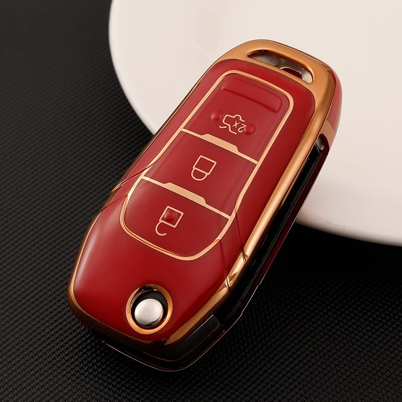 Image of JVCV Gold Border TPU Key Cover Compatible with Ford Endeavour Figo Aspire Freestyle 3 Button Folding Key (Red).
