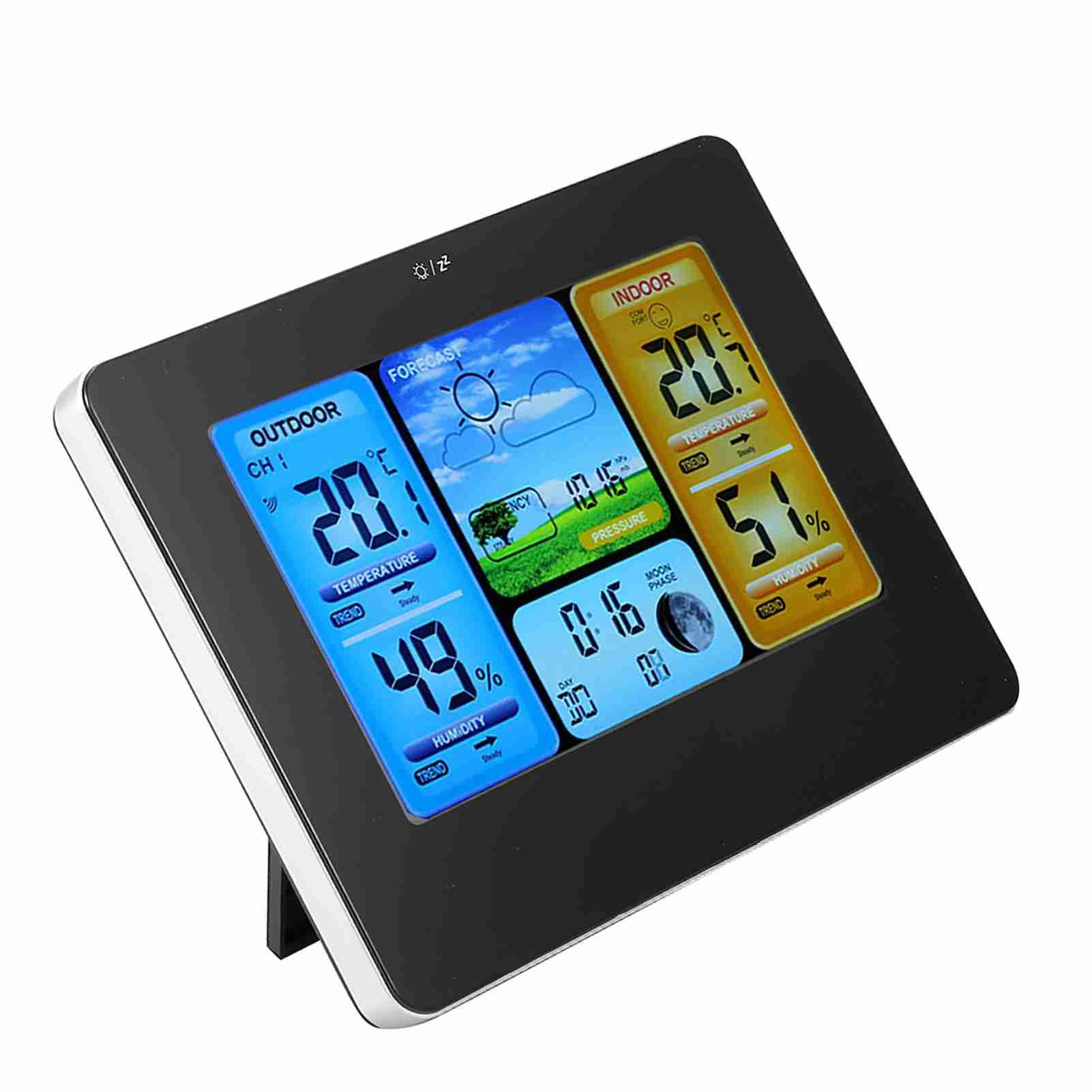 Ejoyous Drahtlose Wetterstation, Digitale Wetterstation aus Beschichtetem Glas mit Innen- und Außenthermometer, Farbdisplay, Wettervorhersagealarm Mondphase, für den Schreibtisch Zur Wandmontage zu