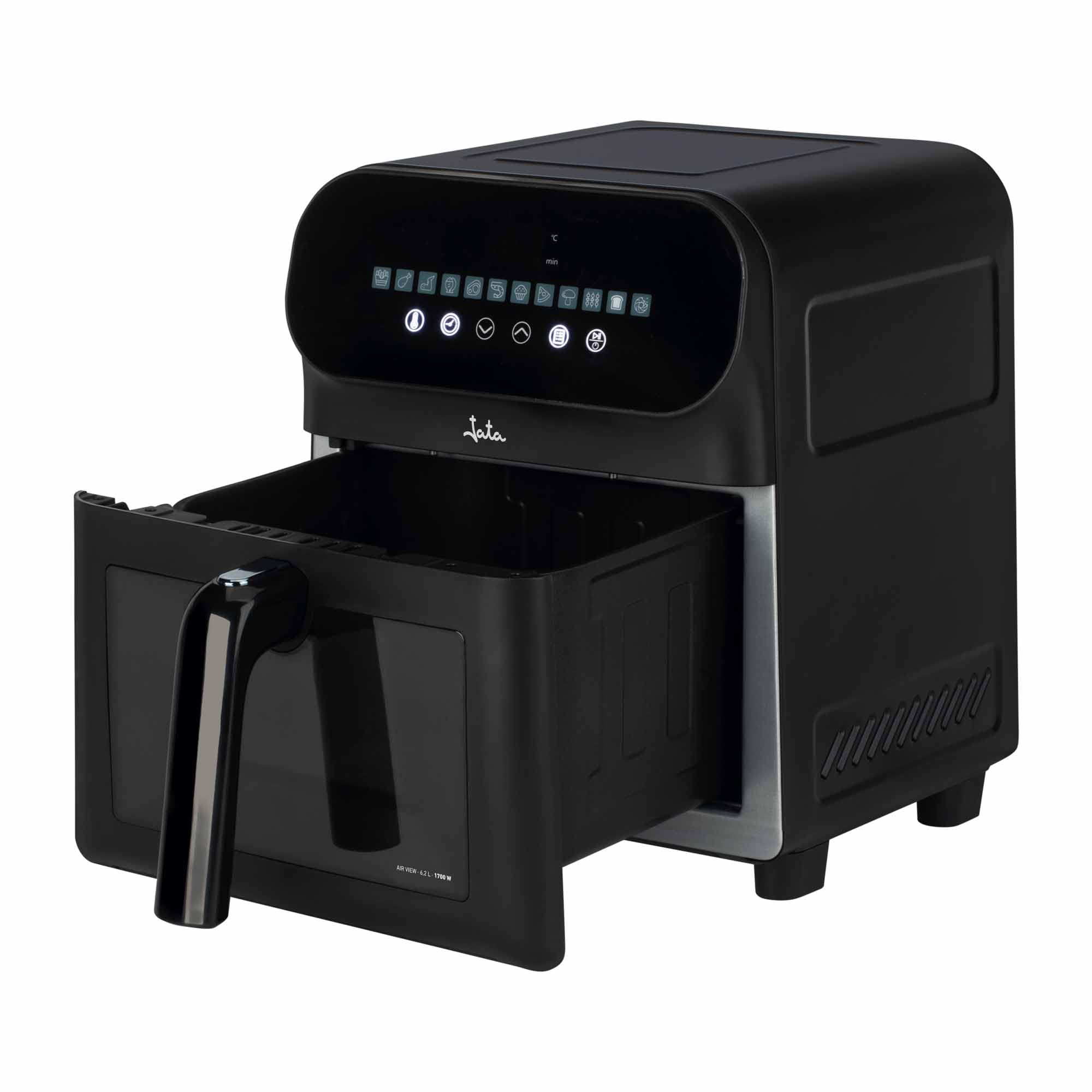 JATA JEFR1230 - Freidora Aire, Freidora Sin Aceite 6.2 L. 1700 W. Hasta 200ºC. Panel Táctil LED. 12 Programas de Cocinado. Con Ventana Visor. Medidas: 26,5 x 32,5 x 32,5 cm.