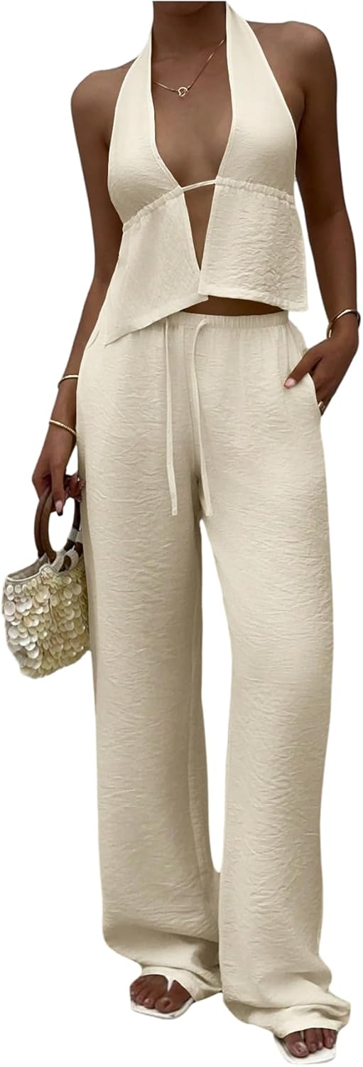 SHENHE Women's Linen Set 2 Piece Outfits Sexy Backless Halter Top Low Rise Palazzo Pants Set