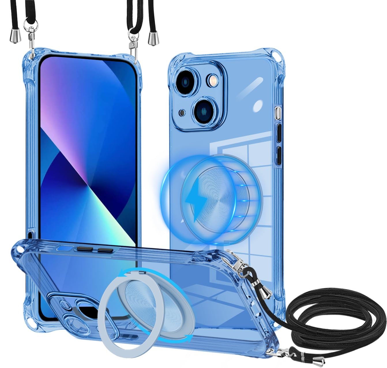 iPhone 13保護ケースMagSafe対応360度回転リングブラケットワイヤレス充電可能iPhone 13首掛け肩掛け背斜掛け設計ストラップ着脱調節可能耐衝撃TPU薄材質ブラケットサポート横縦画面 車載対応 全方位保護便利