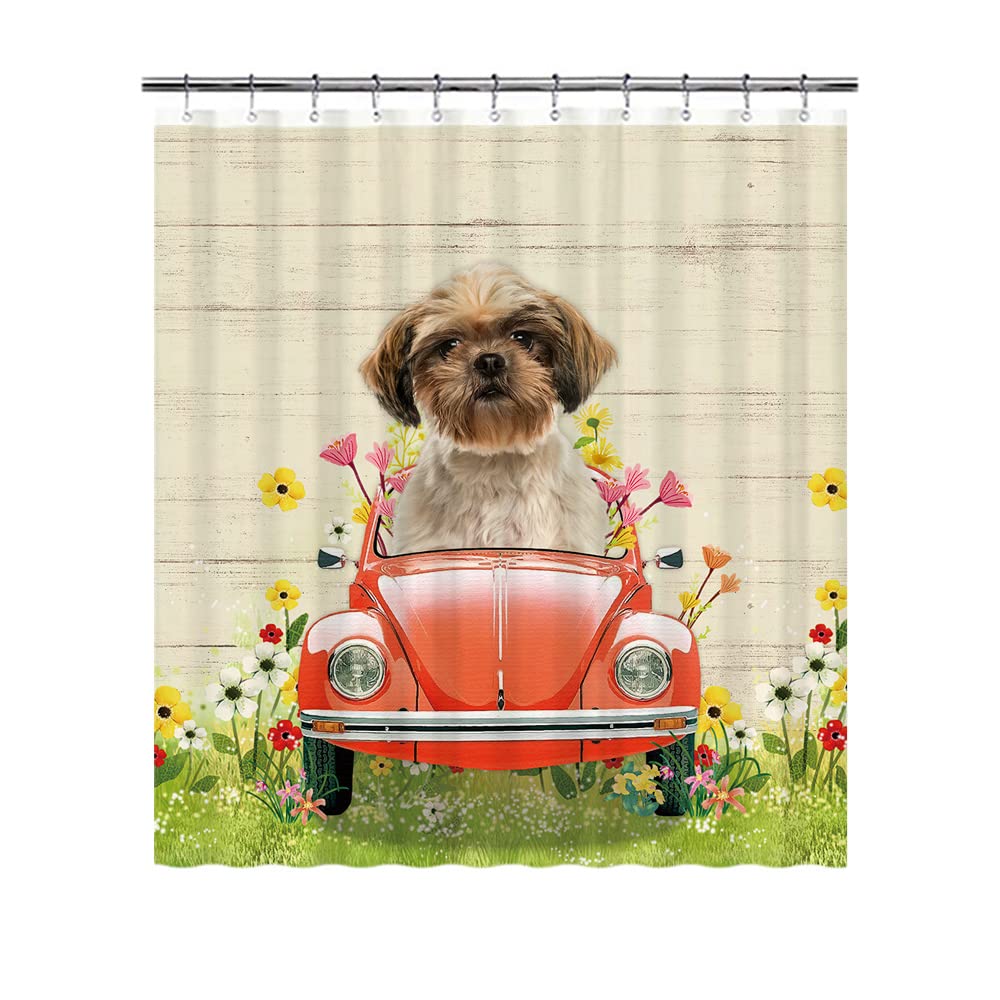 BAGEYOU Dog Lover Shower Curtain Lovely Shih Tzu in the Bettle Car among the Floral Plants Garden Bathroom Decoration Curtains with 12 Hooks Waterproof Polyester Fabric 66"x72"