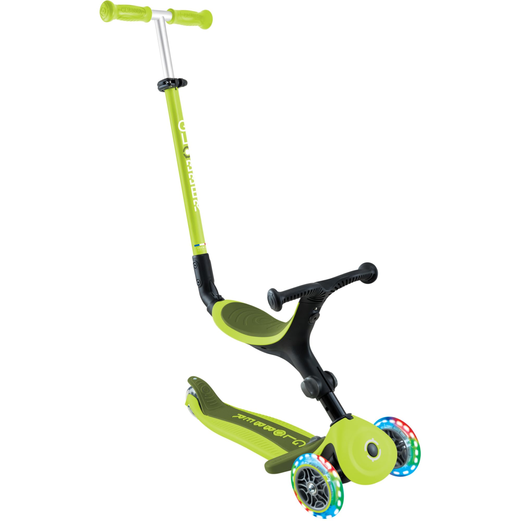 Globber GO UP Active Luces - Patinete evolutivo de 3 Ruedas con Luces para niños de 15 Meses a 9 años, Verde Lima.