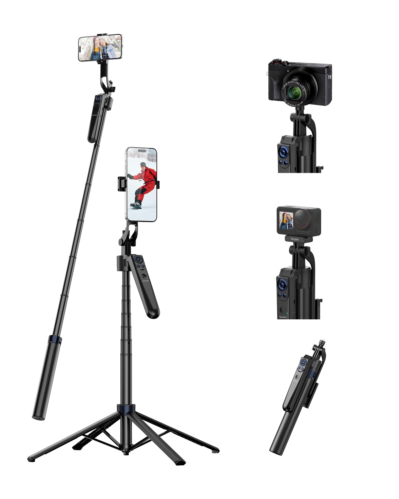 TELESIN 160CM Automatico Volto Tracciamento Treppiede, 360° Rotazione Selfie Stick Treppiede con Telecomando e Gestuale, Senza App, Compatibile con Phones/Action Camera/Cameras per Vlog/Video/Stream