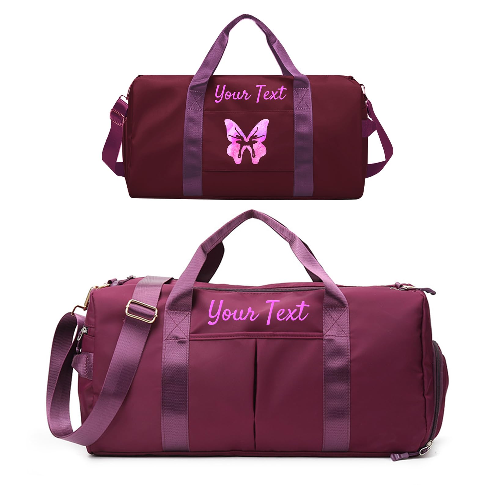 LINMQIU Custom Duffle Bag, Personalized Embroidered Sports Gym Bag for Women/Men, Travel Bag with Double-Sided Customization and Separate Wet and Dry Pockets and Shoe Bags-Wine red