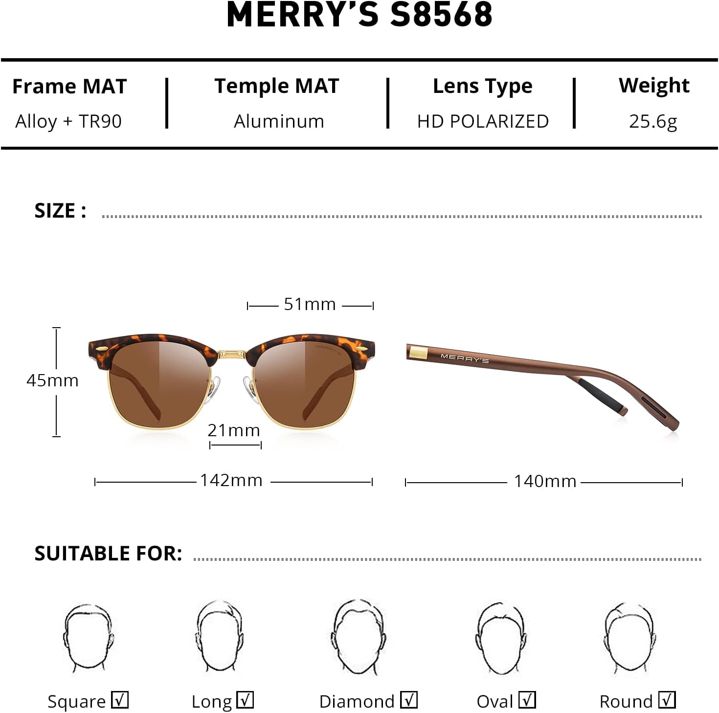 MERRY'S Unisex Polarized Aluminum Sunglasses for Men Women Semi Rimless Retro Brand Driving Sun Glasses - Image 2