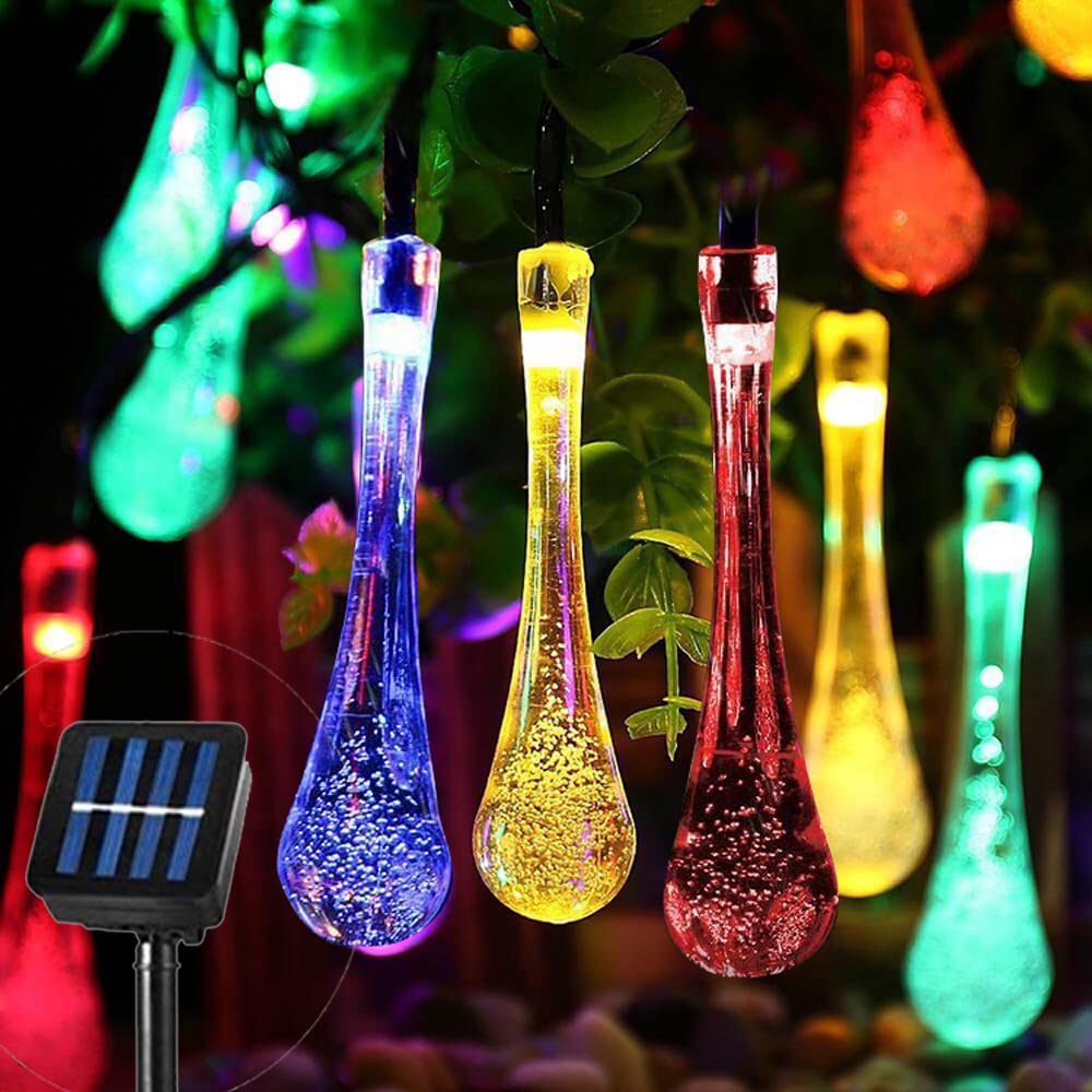 QSPORTPEAKSolar Water Drop Fairy Lights,50LED 24Ft/7m Solar String Lights,8 Mode Solar Teardrop Twinkle Lights,Decorative Lights for Garden Wedding Patio Yard Home Party Christmas(Multi-Coloured)