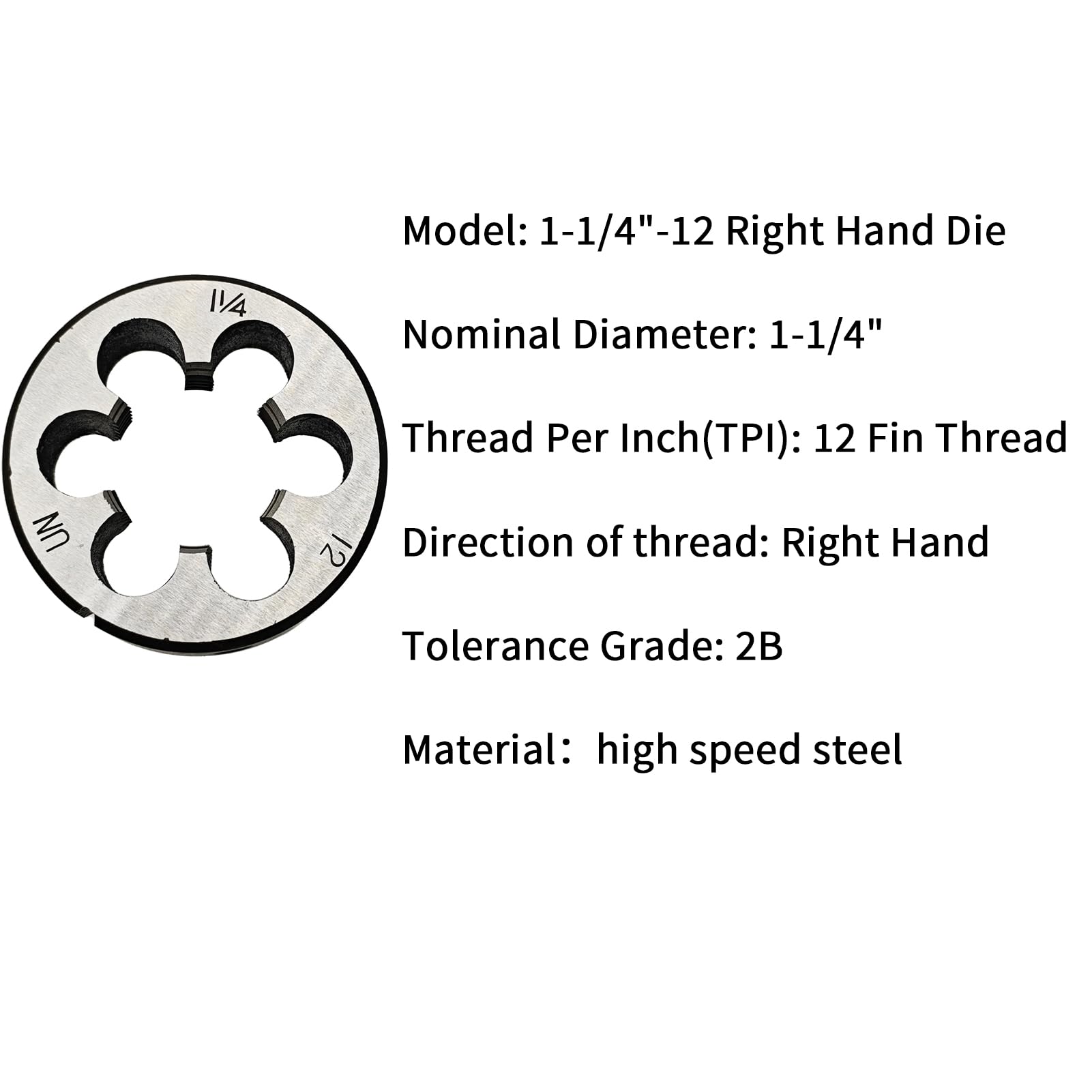 1-1/4"-12 Die, 1 1/4"-12 Round Threading Die, Right Hand, UNF, Nominal Diameter 1 1/4", TPI Thread Per Inch 12 Fin Thread, Tolerance Grade 2B, High Speed — Amazon image 2
