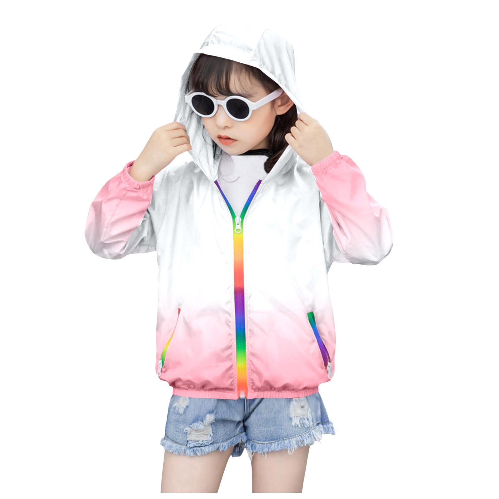 Veste Enfant Fille Imperméable, Manteau de Pluie Léger, Vestes De Protection Solaire LéGèRe Respirante Manteau à Capuche Blouson Coupe-Vent Filles Manche Longue Zipper Poche Enfant 2-12 Ans
