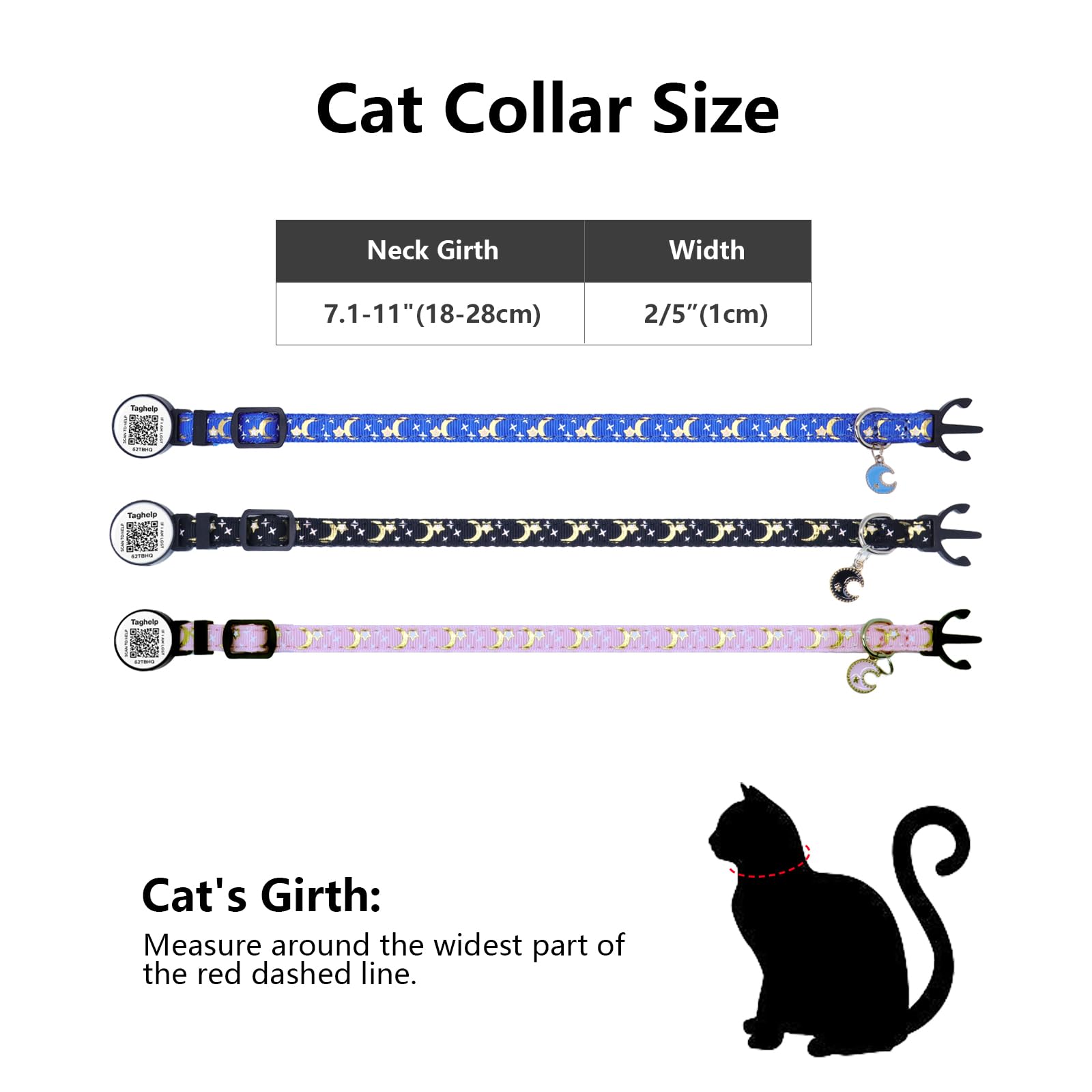 Reflektierendes Katzenhalsband mit Mond und Stern, mit QR-Code, Smart-ID-Tag und Glocken, 2 Stück, für Mädchen und Jungen, verstellbar, 19,1 - 32,5 cm, keine App, Rosa