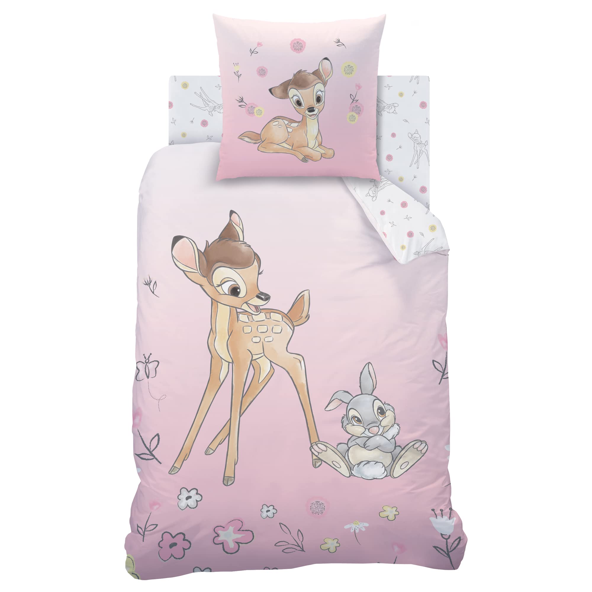 Disney Bambi Flowers - Juego de cama infantil para 1 persona, 100% algodón, Oeko-TEX | Funda nórdica de 140 x 200 cm + 1 funda de almohada de 63 x 63 cm, estampado reversible para niña, color rosa