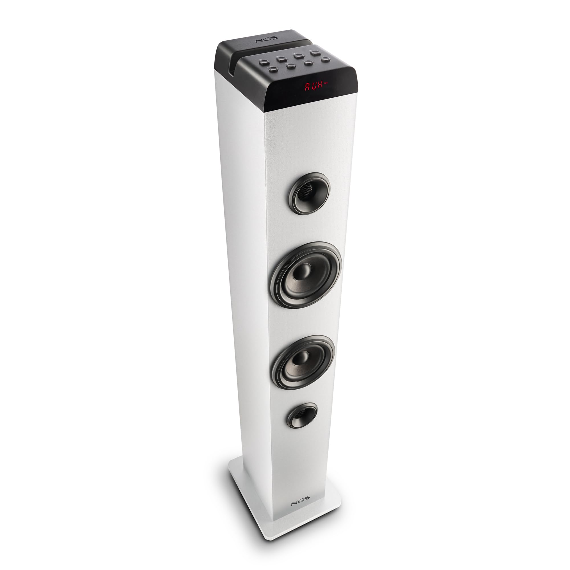 NGS Sky Charm Pro White - Tour de Son 50 W avec Bluetooth 5.4, Entrée Optique, USB, Entrée auxiliaire, Radio FM, Fonction de Diffusion, Entrée Microphone Karaoké, Télécommande, Blanche