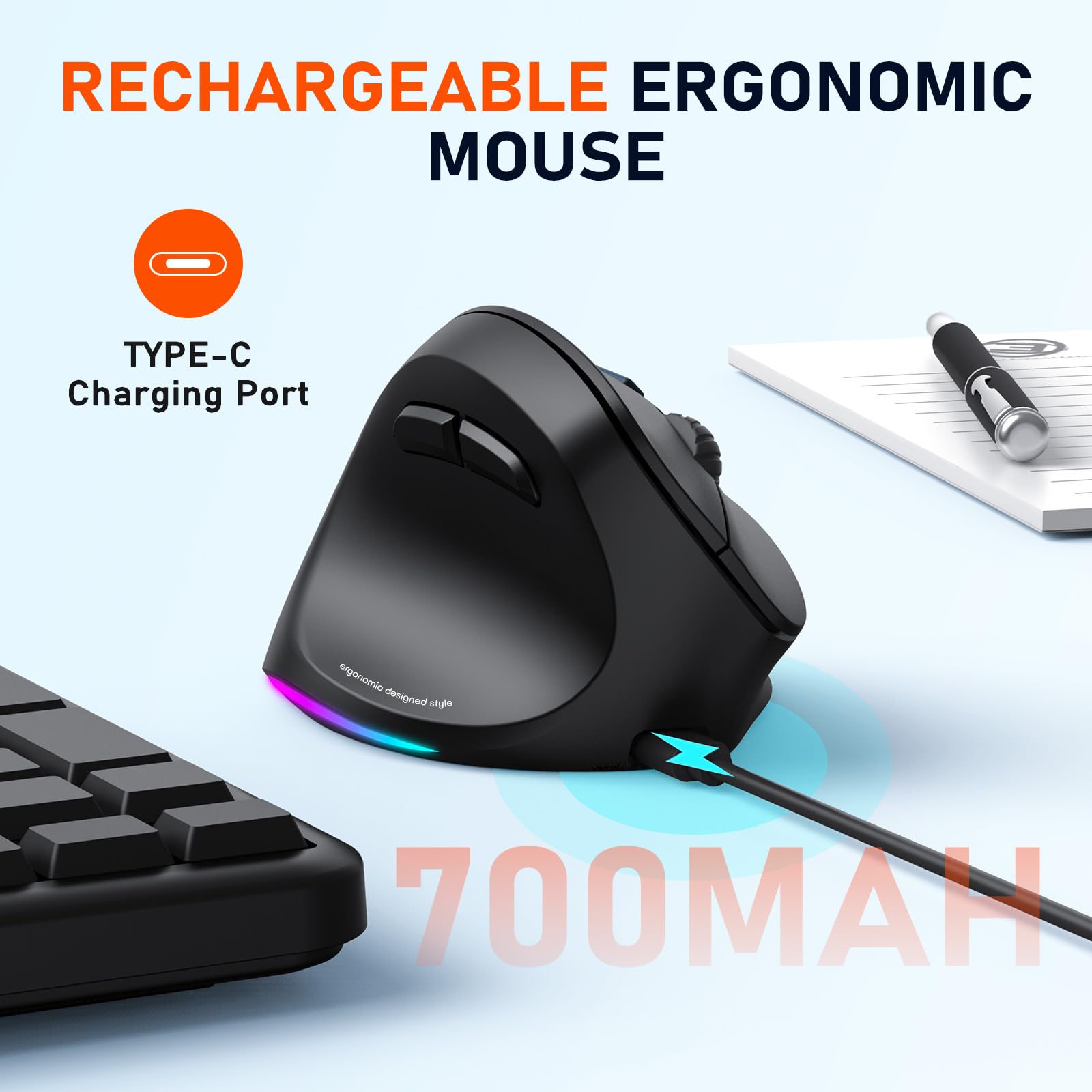 MEETION Mouse per mancini, Mouse ergonomico Mouse verticale senza fili RGB Ricaricabile per Bluetooth (5.2 + 3.0) e USB-A con adattatore Type-c 4 DPI regolabili per Mac/Windows/Andriod/PC/Tablet