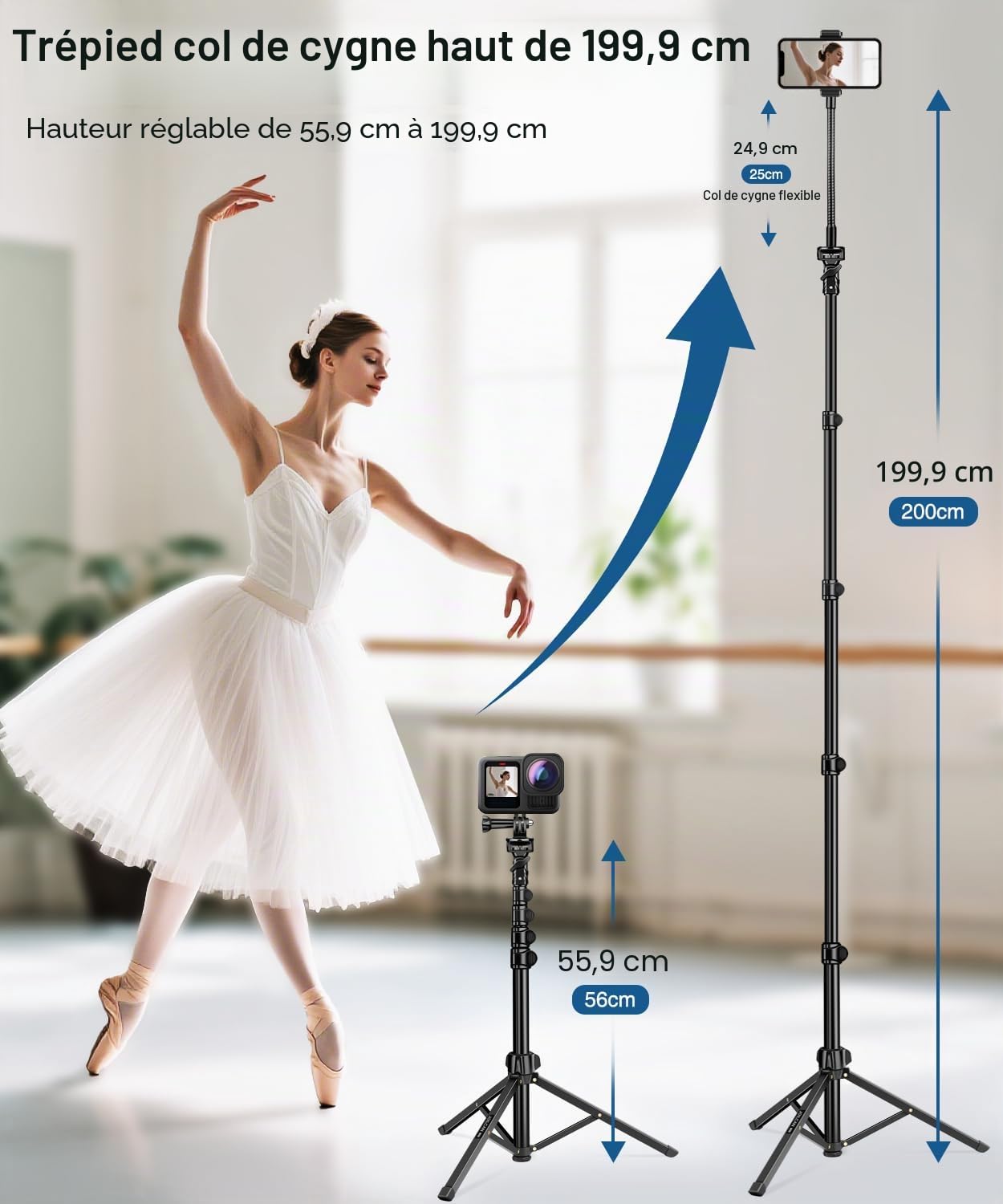JOILCAN 200cm Trepied Smartphone, Flexibles Trépied Téléphone avec Col de Cygne 25cm & Télécommande, Perche a Selfie Trépied pour iPhone 17/16/Pro Max, Trepied Caméra en Aluminium für DSLR d'action