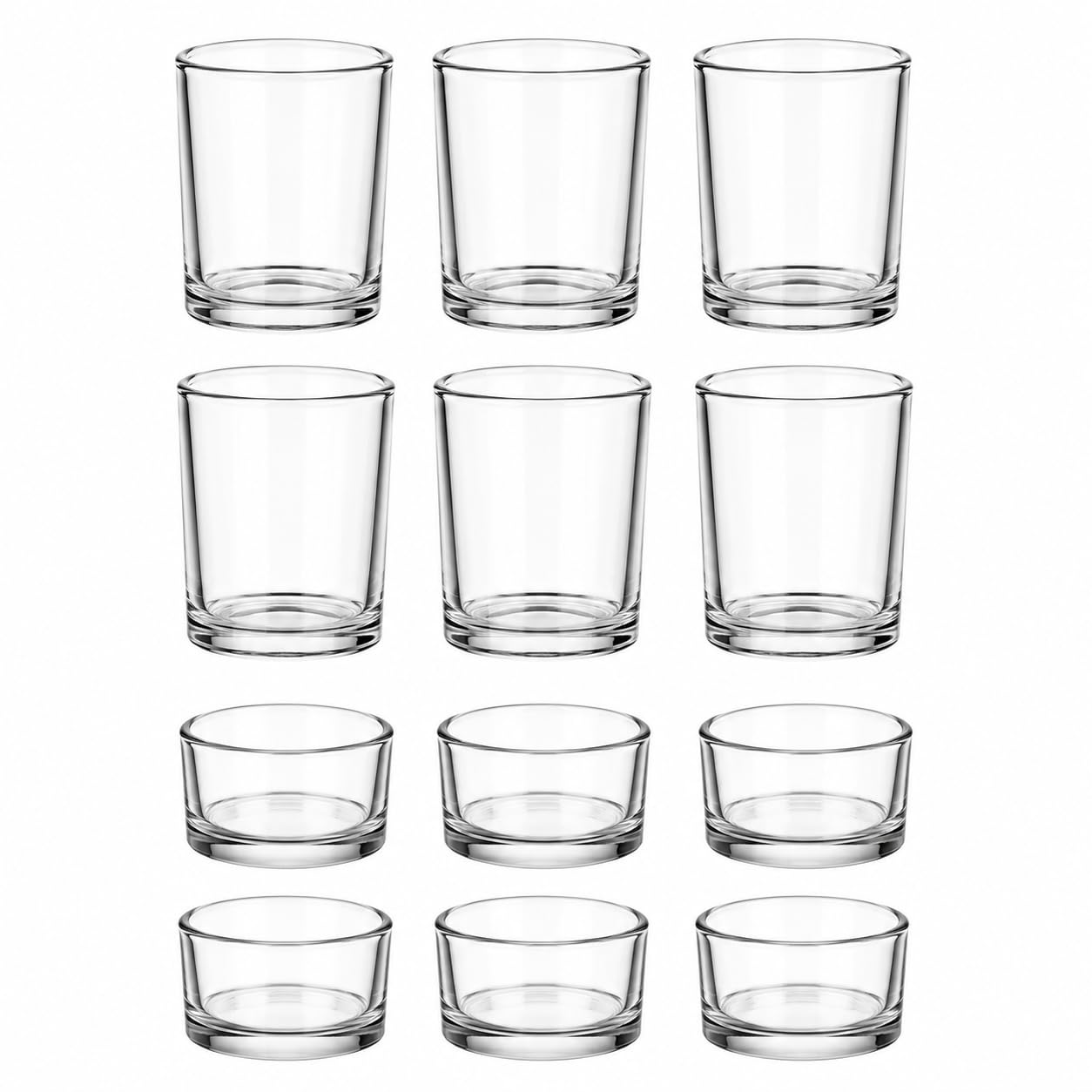 LETINE 12 Stück Teelichtgläser, Klar Teelichthalter, 2 Stile Kerzengläser | Teelichthalter Glas (Ø5,3cm*6,3cm | Ø4,8cm*3,5cm) für Weihnachten, Festivals, Hochzeiten, Heimdekoration
