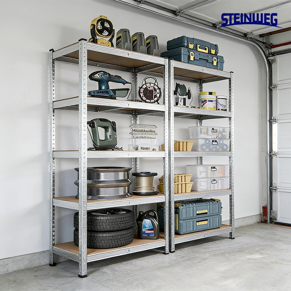 Steinweg Lot de 2 Étagères Charges Lourdes 180x90x40cm Galvanisées | Charge maximale 875 kg, 0,63 mm, 5 panneaux MDF réglables, Pour cave et atelier