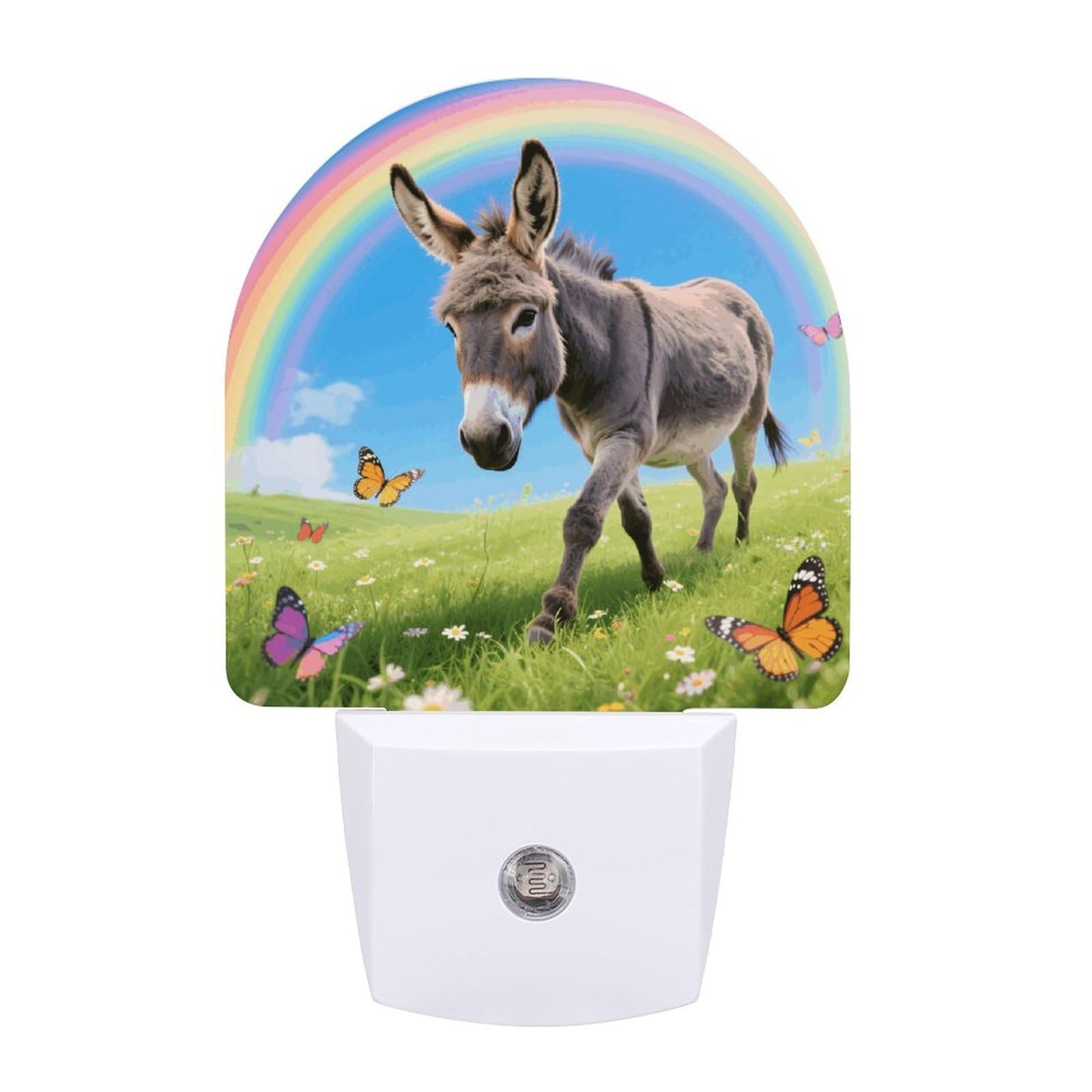 Night Light Plug Into Wall with Dusk to Dawn Sensor 0.5w Modern LED Donkey & Butterflies (Rainbow) Plug in Night Lamp Warm White Glow Nightlight for Bedroom Hallway Kitchen Bathroom Stairs Corridor(Fa