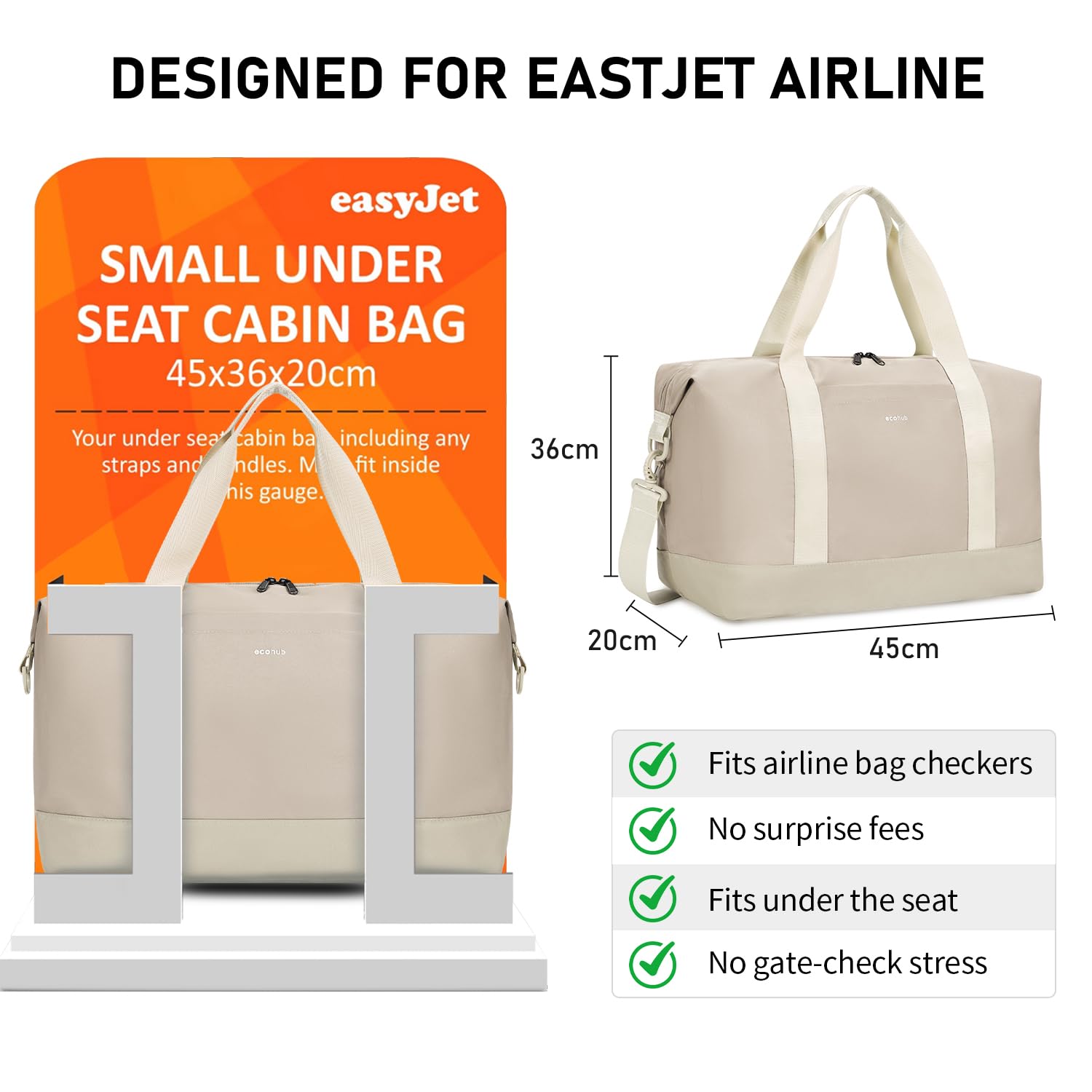 ECOHUB Easyjet Torba kabinowa 45x36x20, 30L Torba podróżna składana, z wyjmowaną kieszenią na mokre rzeczy, Wodoodporna Bagaż podręcznyTorba weekendowa szpitalna damska, Patent zgłoszony(Beżowy)