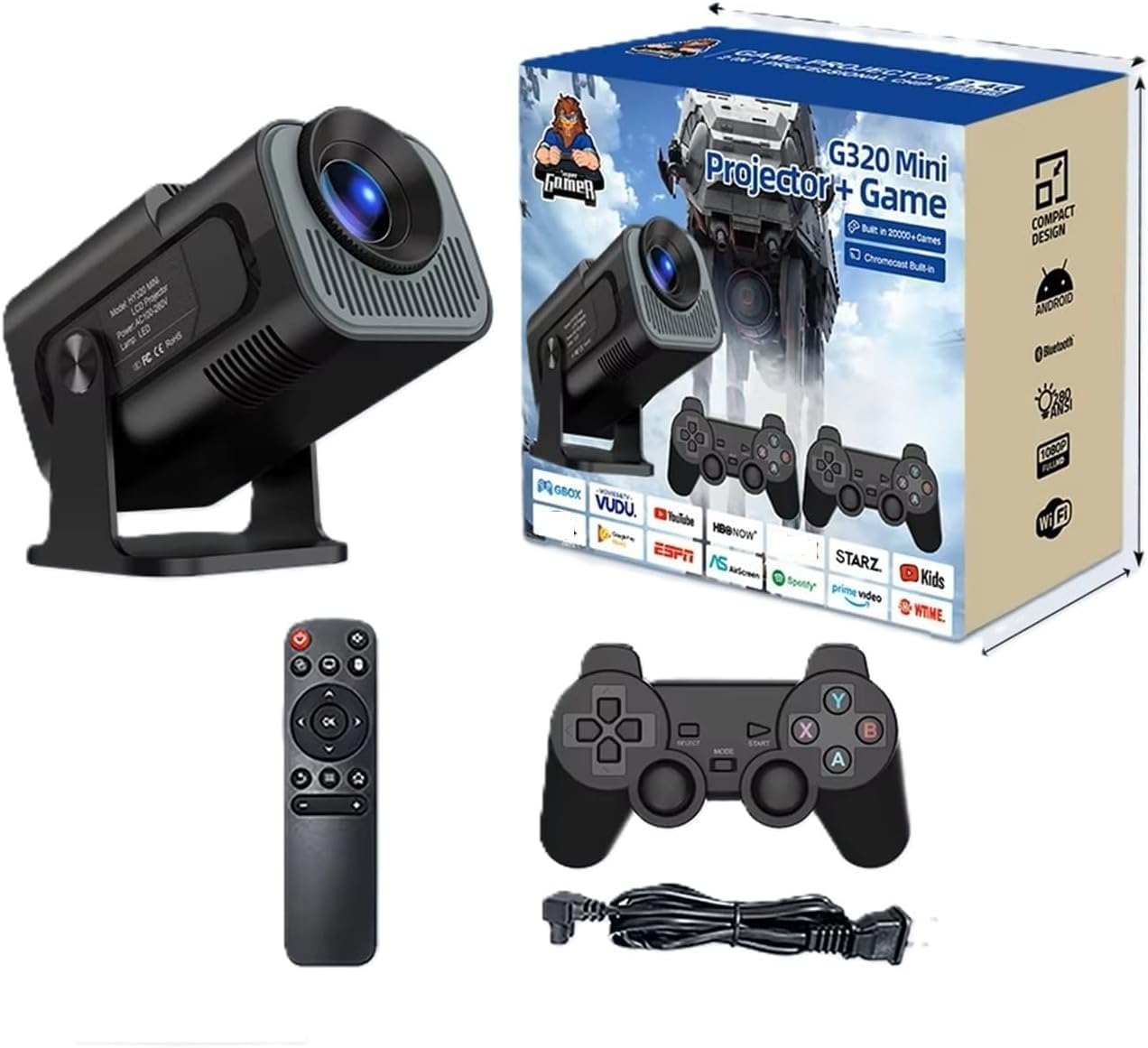 Proiettore per giochi HiFi 2IN1 Chip professionale Proiettore Android con 2 controller di gioco wireless 20000+ giochi