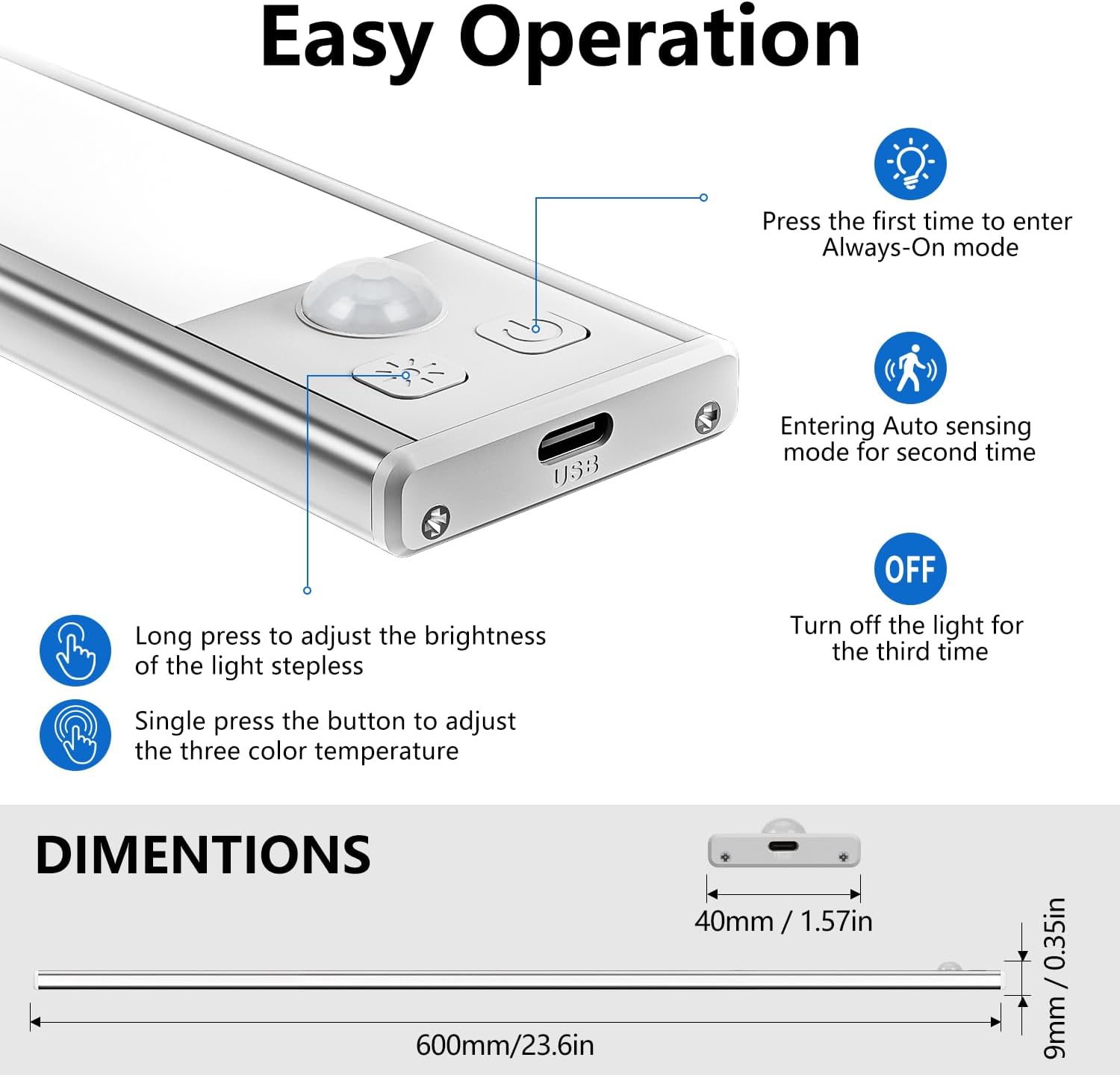 Diagram showing the control buttons for easy operation, including power, mode, and dimming/color temperature