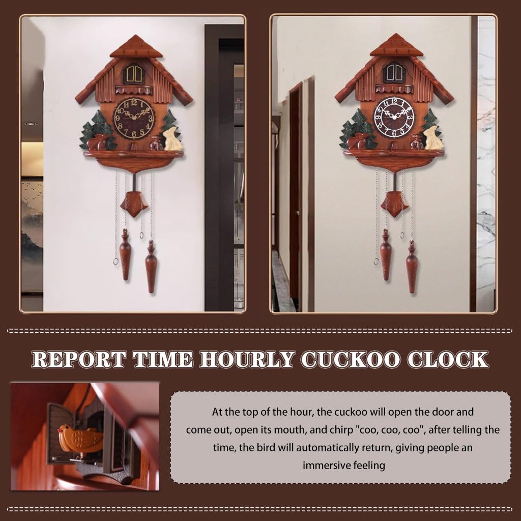 Cuckoo Clocks European Retro Cuckoo Clock, Creative Country Style Wall Decor, Quartz Movement Wall Clock, with Arabic Numerals Dial, Light Sensing Effect (Color : Brown, Size : A)