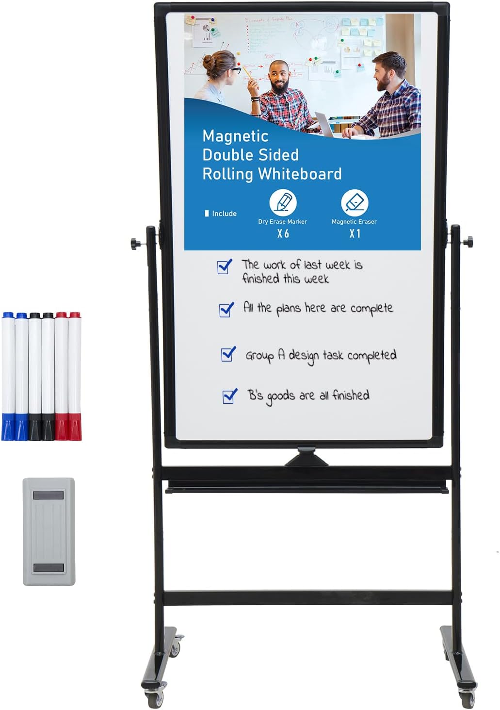 40" x 28" Double-Sided Mobile Whiteboard with Wheels | Rolling Magnetic Dry Erase Board on Stand | Adjustable Height Black Frame White Board for Office, Classroom & Home Black 40" x 28"