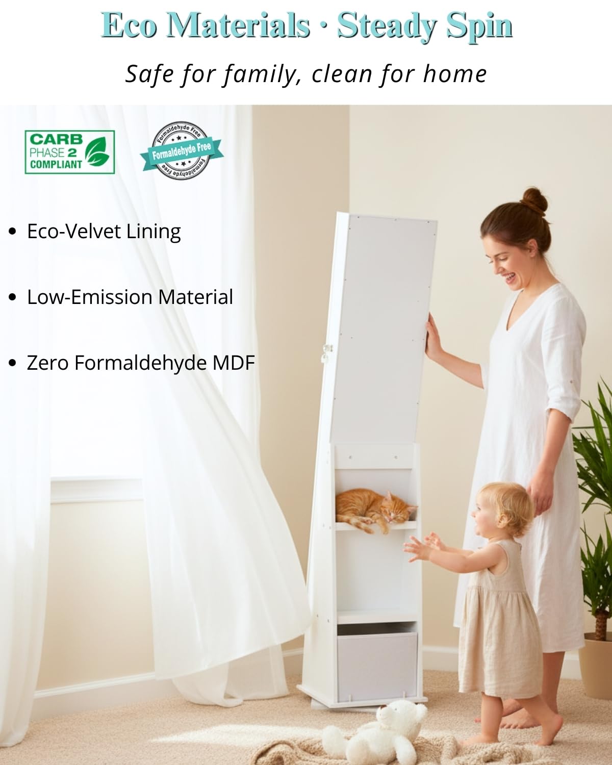 LUXFURNI 360° drehbarer Schmuckschrank mit Spiegel, 157cm Höhe Schmuckschrank Stehend, Standspiegel Mit Stauraum, 1 tiefe Schublade, Abschließbarer Spiegel Schrank, Weiß